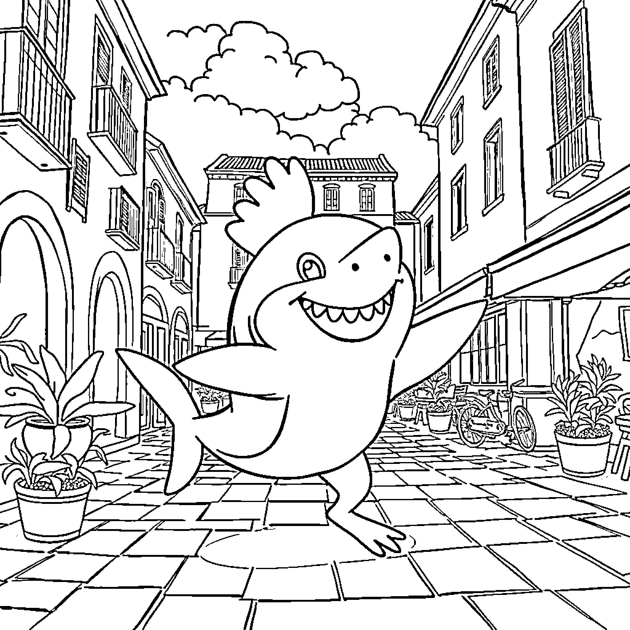 Baby Shark having fun in the town square Coloring Page (free black-and-white line drawing printable PDF for all, from beginners to advanced learners, including children, teens, adults, and seniors)