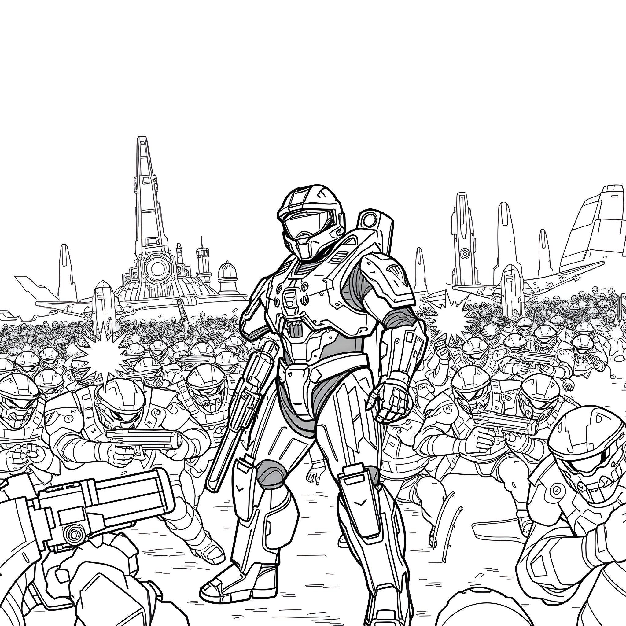 Master Chief leading a team of soldiers in combat Coloring Page (free black-and-white line drawing printable PDF for all, from beginners to advanced learners, including children, teens, adults, and seniors)