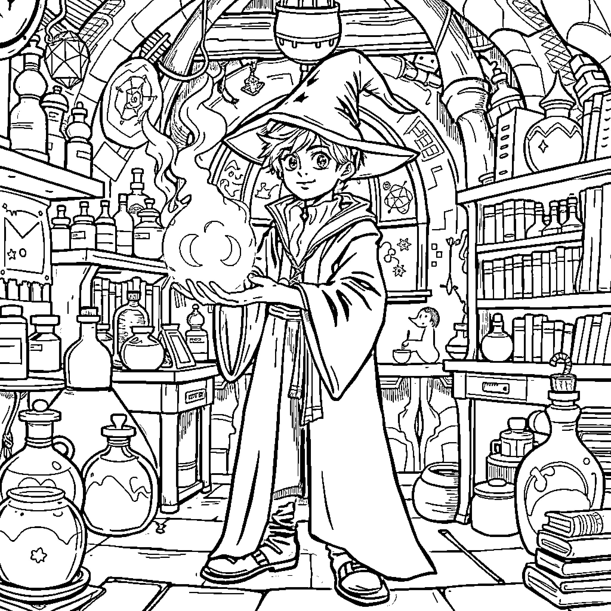 Wizard creating magic potions in a mystical shop Coloring Page (free black-and-white line drawing printable PDF for all, from beginners to advanced learners, including children, teens, adults, and seniors)
