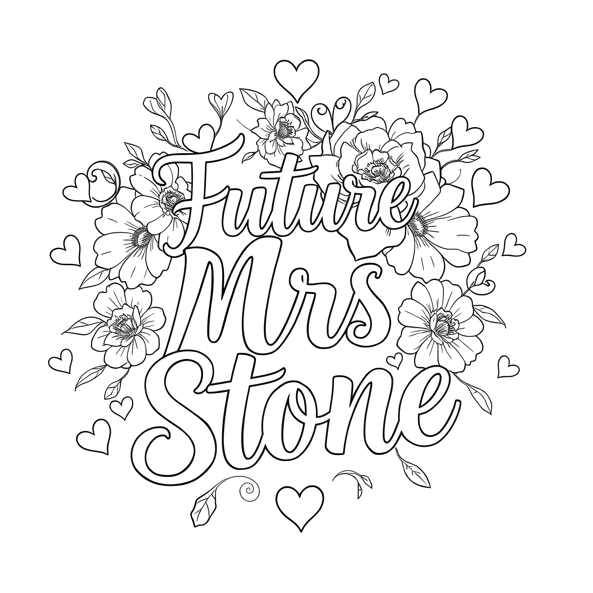 Font featuring floral decorations and positive text Coloring Page (free black-and-white line drawing printable PDF for all, from beginners to advanced learners, including children, teens, adults, and seniors)