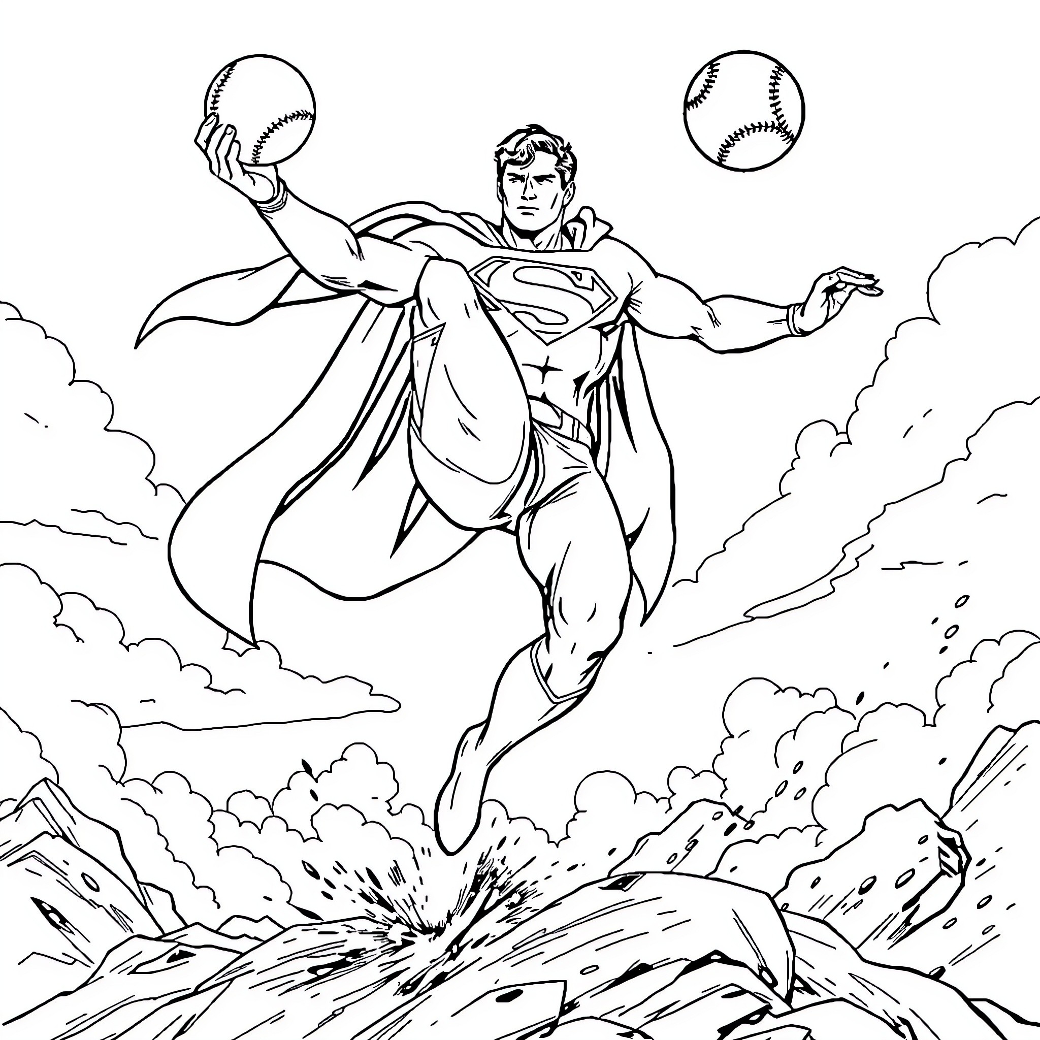 Superman heroically catching baseballs in the sky Coloring Page (free black-and-white line drawing printable PDF for all, from beginners to advanced learners, including children, teens, adults, and seniors)