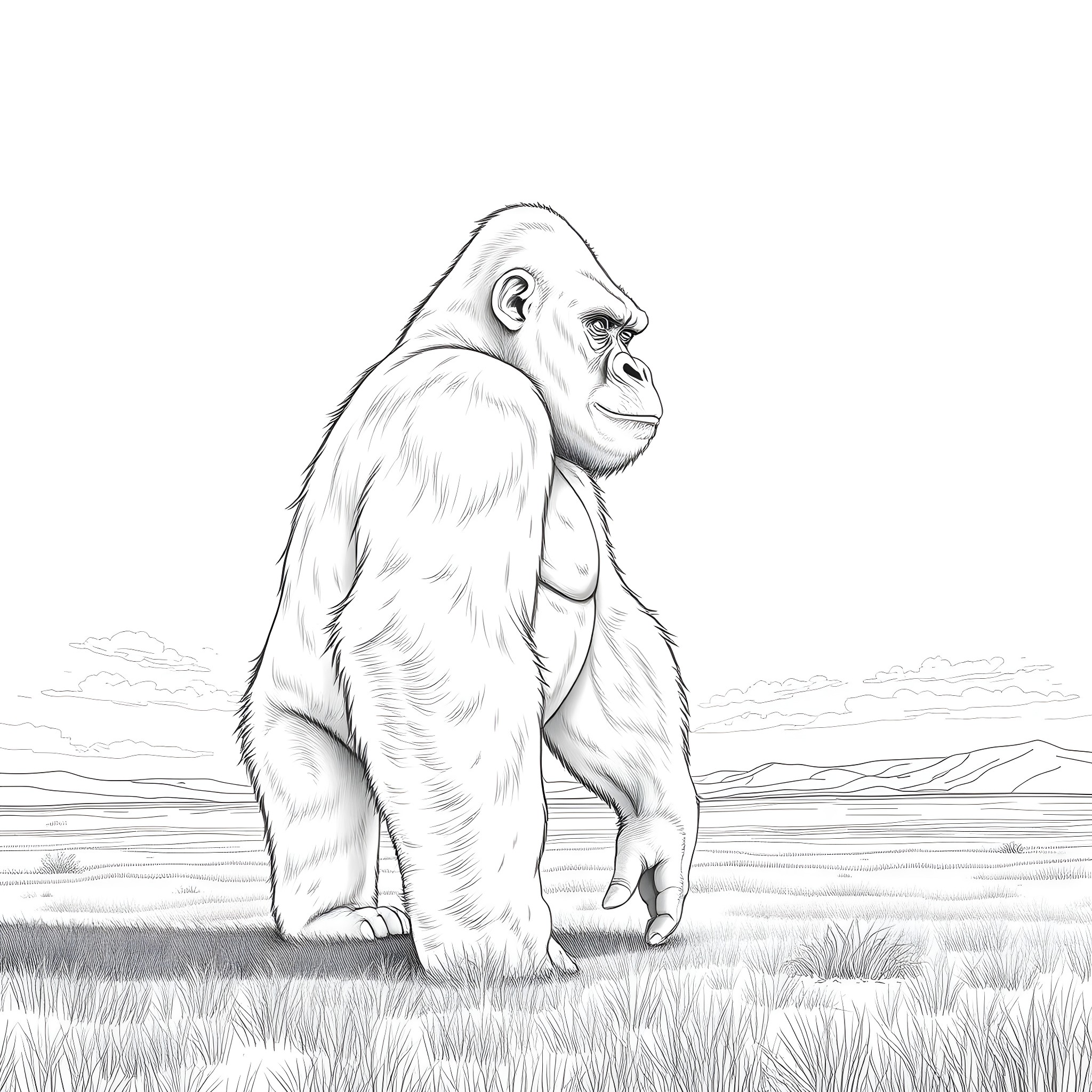 Gorilla standing tall in the grassland Coloring Page (free black-and-white line drawing printable PDF for all, from beginners to advanced learners, including children, teens, adults, and seniors)