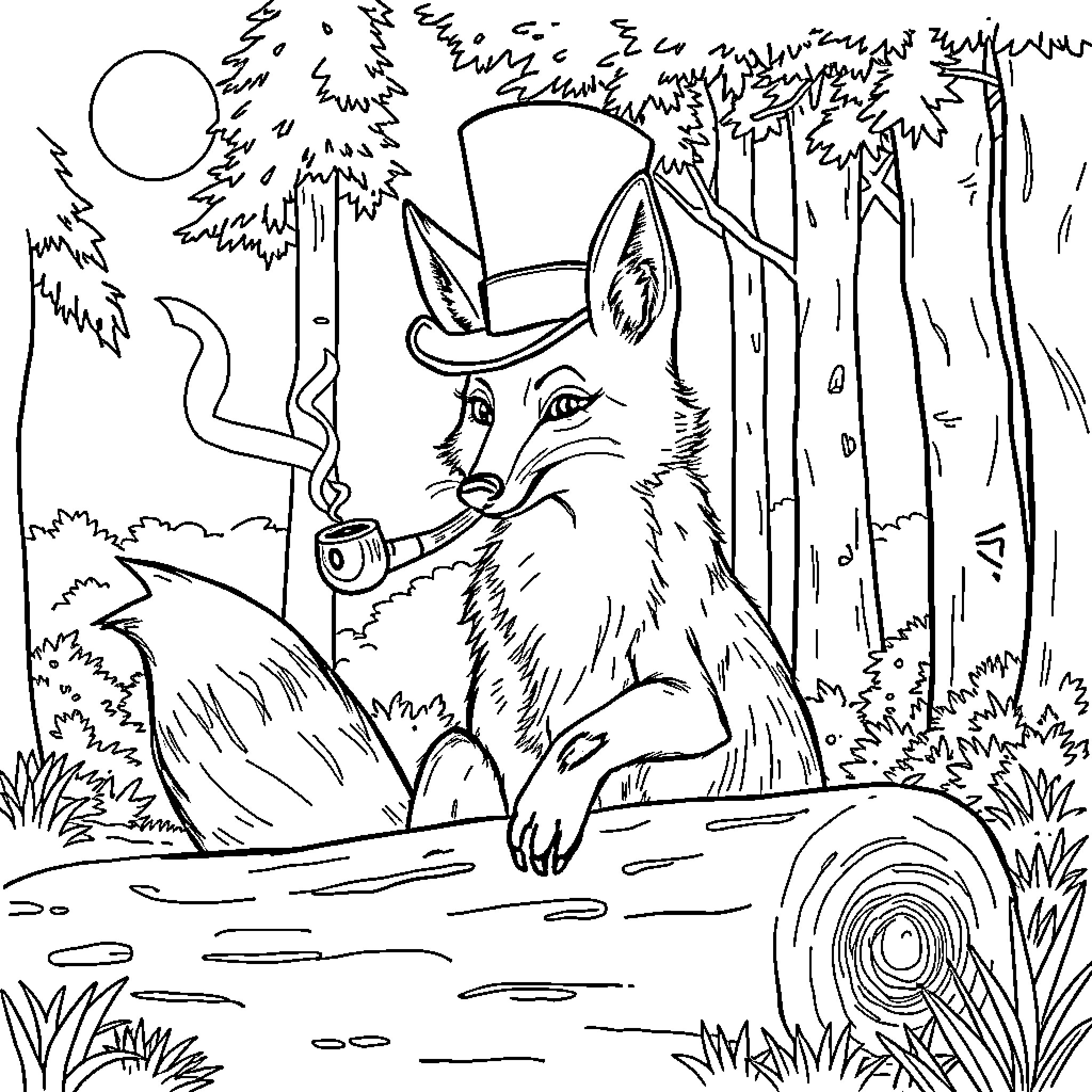 Fox gentleman exploring the enchanted forest Coloring Page (free black-and-white line drawing printable PDF for all, from beginners to advanced learners, including children, teens, adults, and seniors)