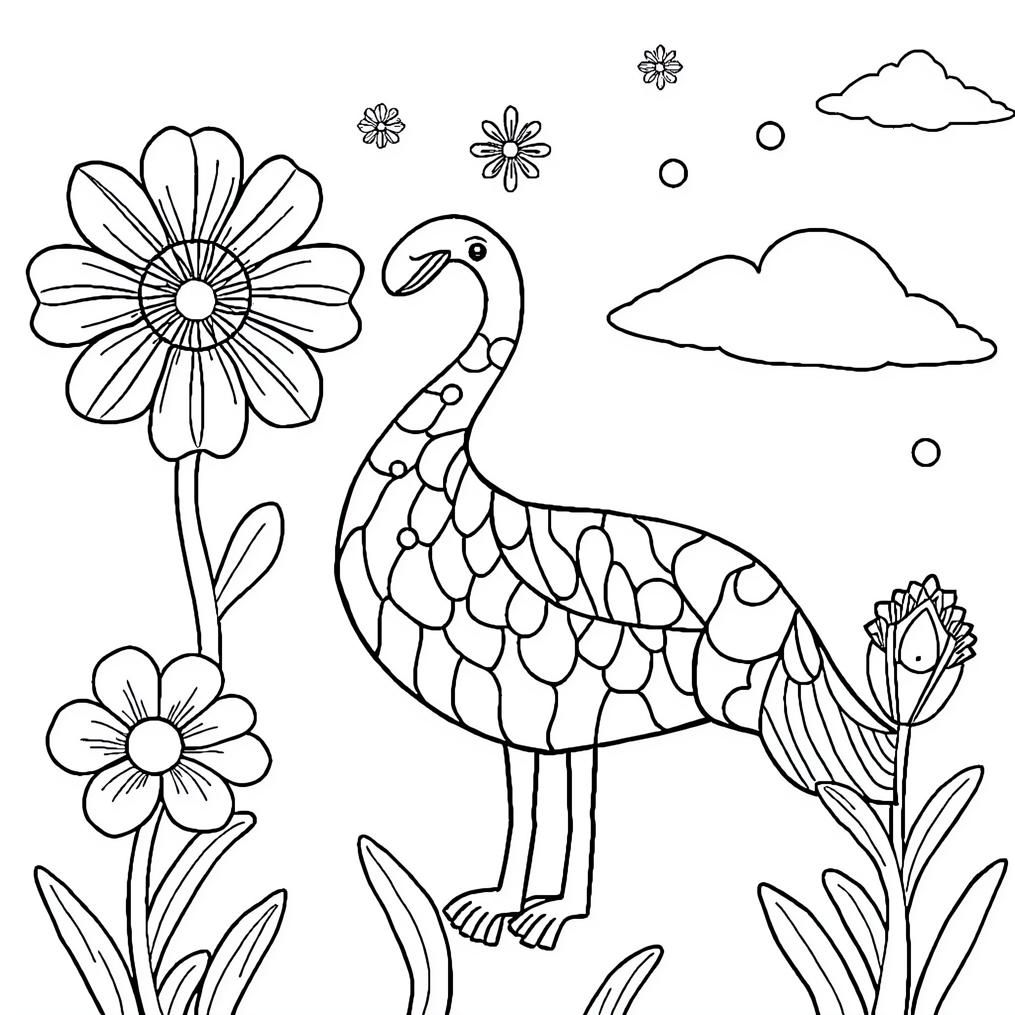 Stylized bird and flowers in nature scene Coloring Page (free black-and-white line drawing printable PDF for all, from beginners to advanced learners, including children, teens, adults, and seniors)