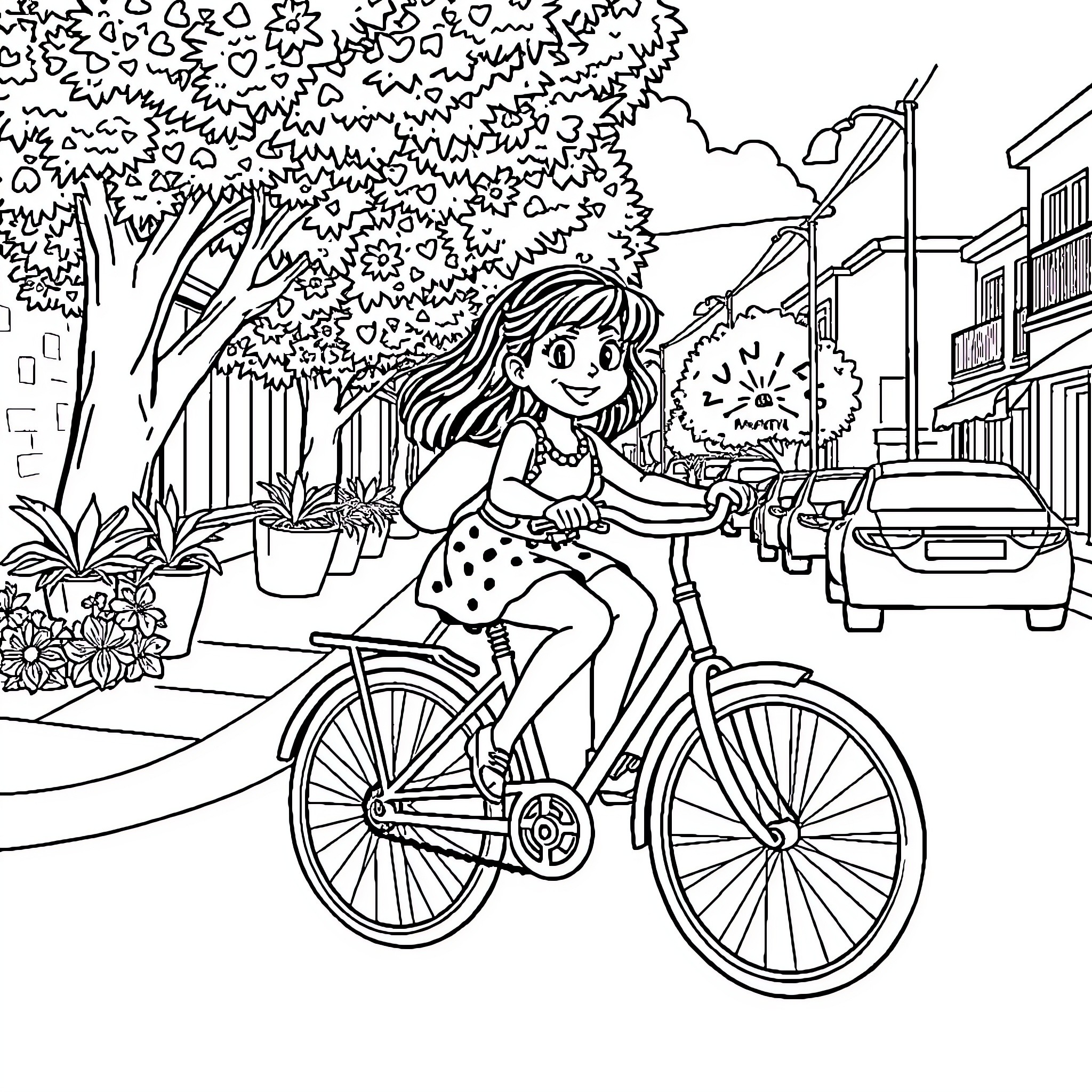 Mafalda Riding Bicycle on City Street Coloring Page (free black-and-white line drawing printable PDF for all, from beginners to advanced learners, including children, teens, adults, and seniors)