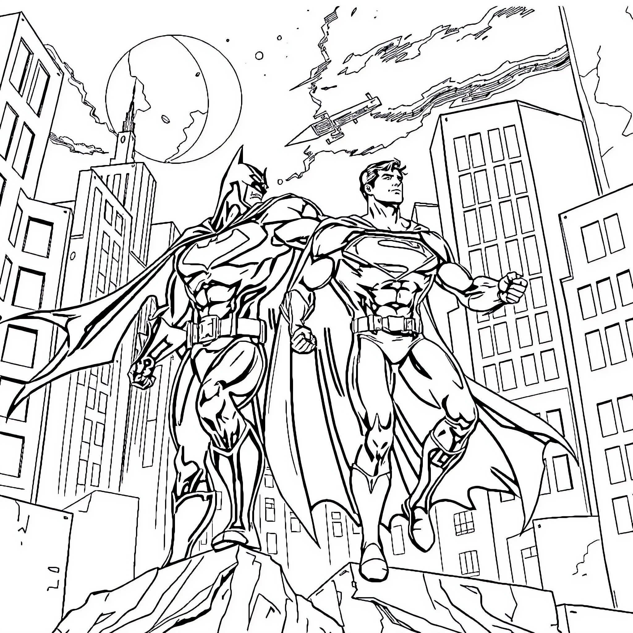 Batman and Superman Heroic Display in the City Coloring Page (free black-and-white line drawing printable PDF for all, from beginners to advanced learners, including children, teens, adults, and seniors)