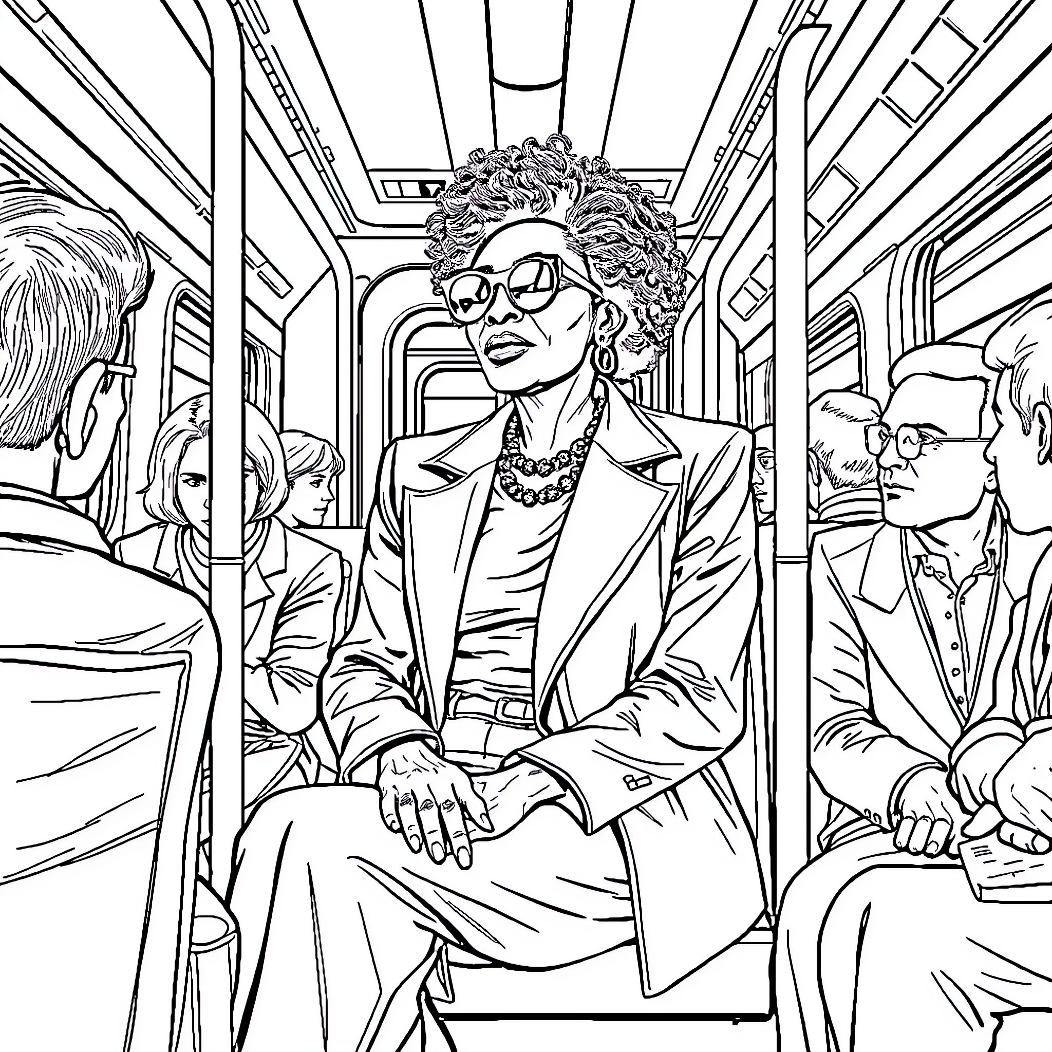 Grace Jones' Stylish Presence on the Subway Coloring Page (free black-and-white line drawing printable PDF for all, from beginners to advanced learners, including children, teens, adults, and seniors)