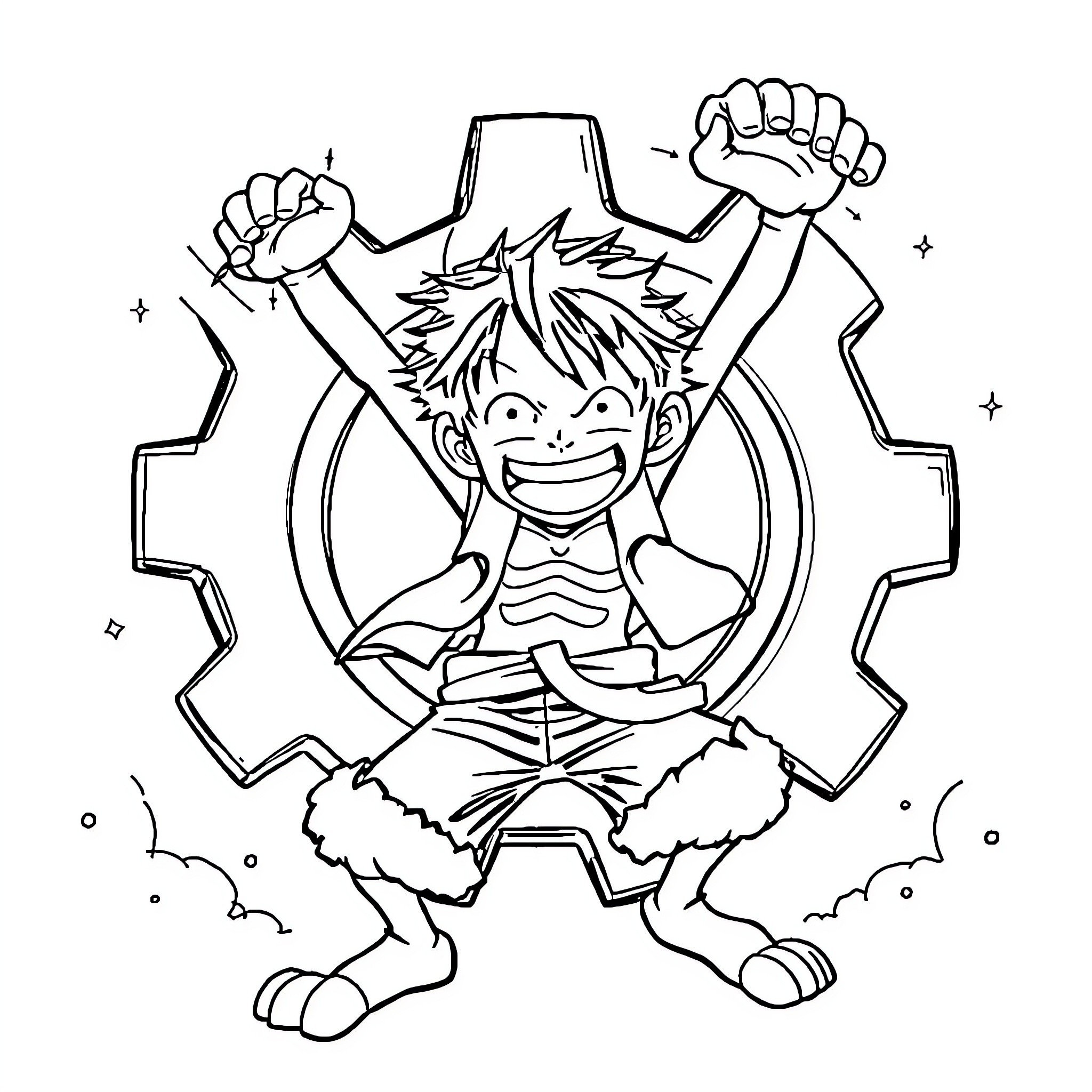 Luffy's Energetic Adventure Coloring Page (free black-and-white line drawing printable PDF for all, from beginners to advanced learners, including children, teens, adults, and seniors)