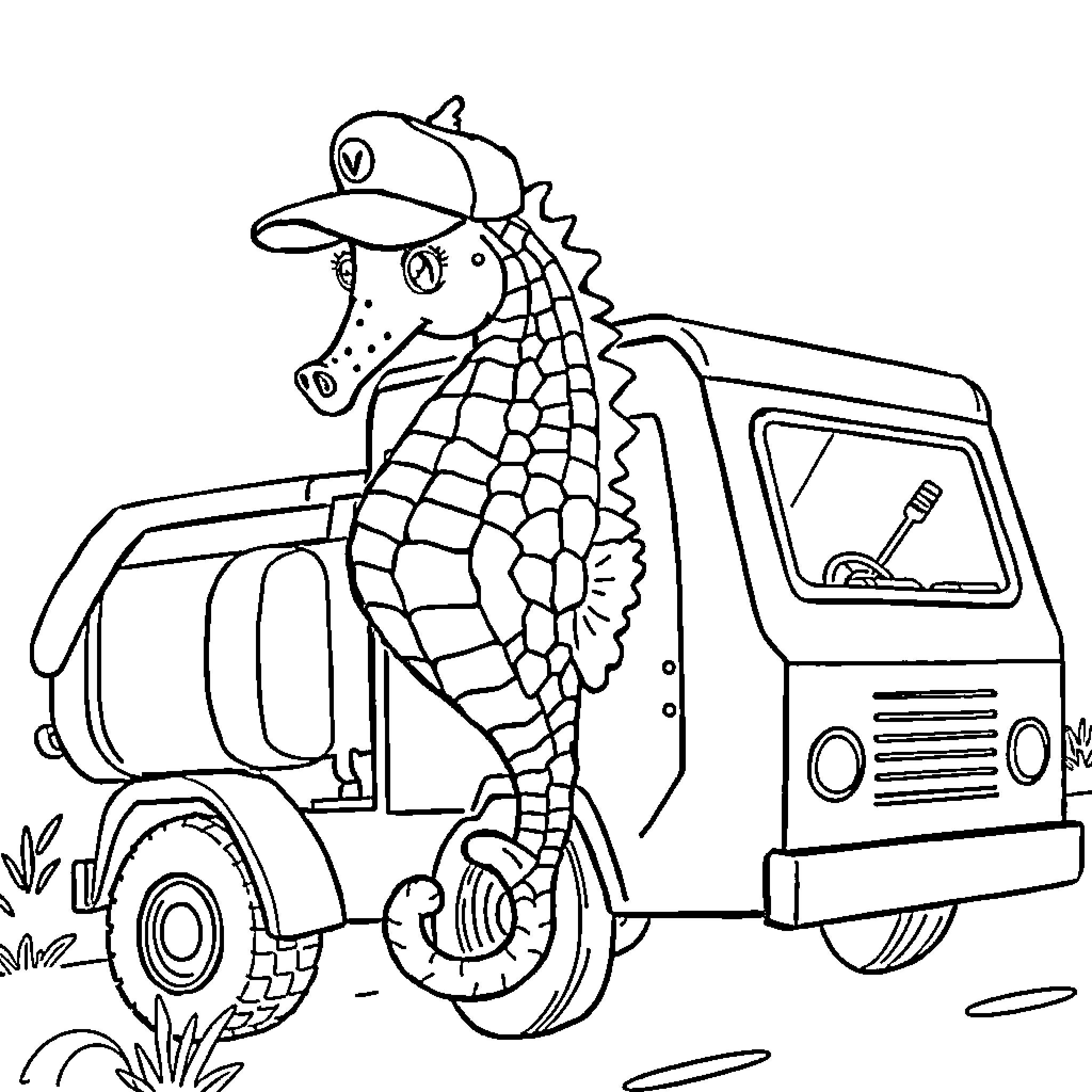 Seahorse driving a quirky utility vehicle Coloring Page (free black-and-white line drawing printable PDF for all, from beginners to advanced learners, including children, teens, adults, and seniors)