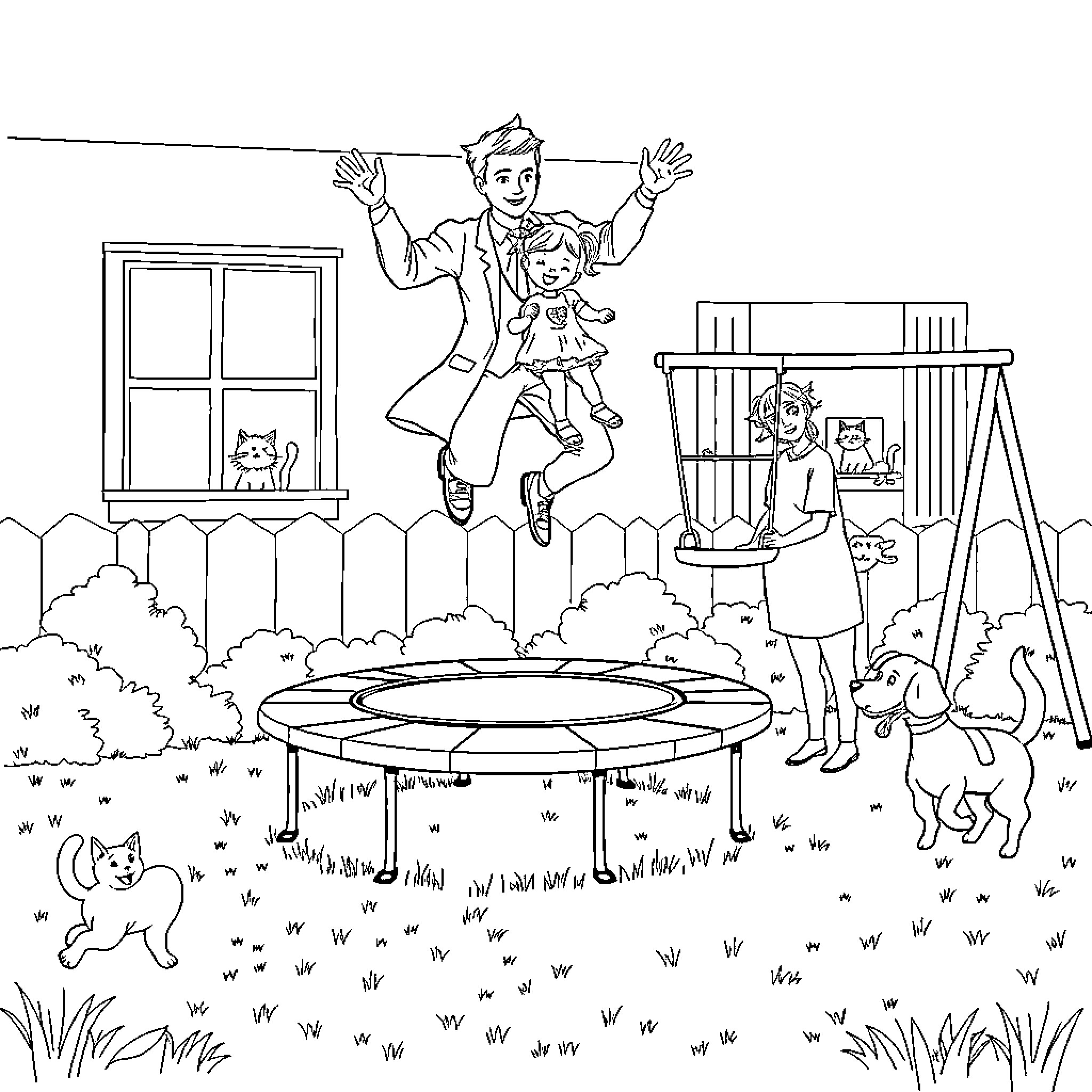 Doctor Jumping on Trampoline with Children and Pets Coloring Page (free black-and-white line drawing printable PDF for all, from beginners to advanced learners, including children, teens, adults, and seniors)
