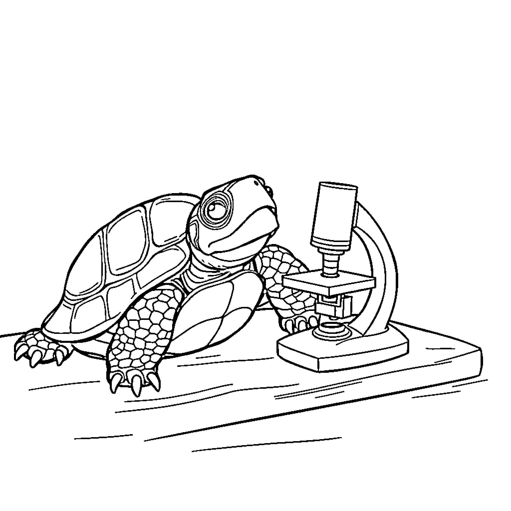 Turtle studying under a microscope Coloring Page (free black-and-white line drawing printable PDF for all, from beginners to advanced learners, including children, teens, adults, and seniors)