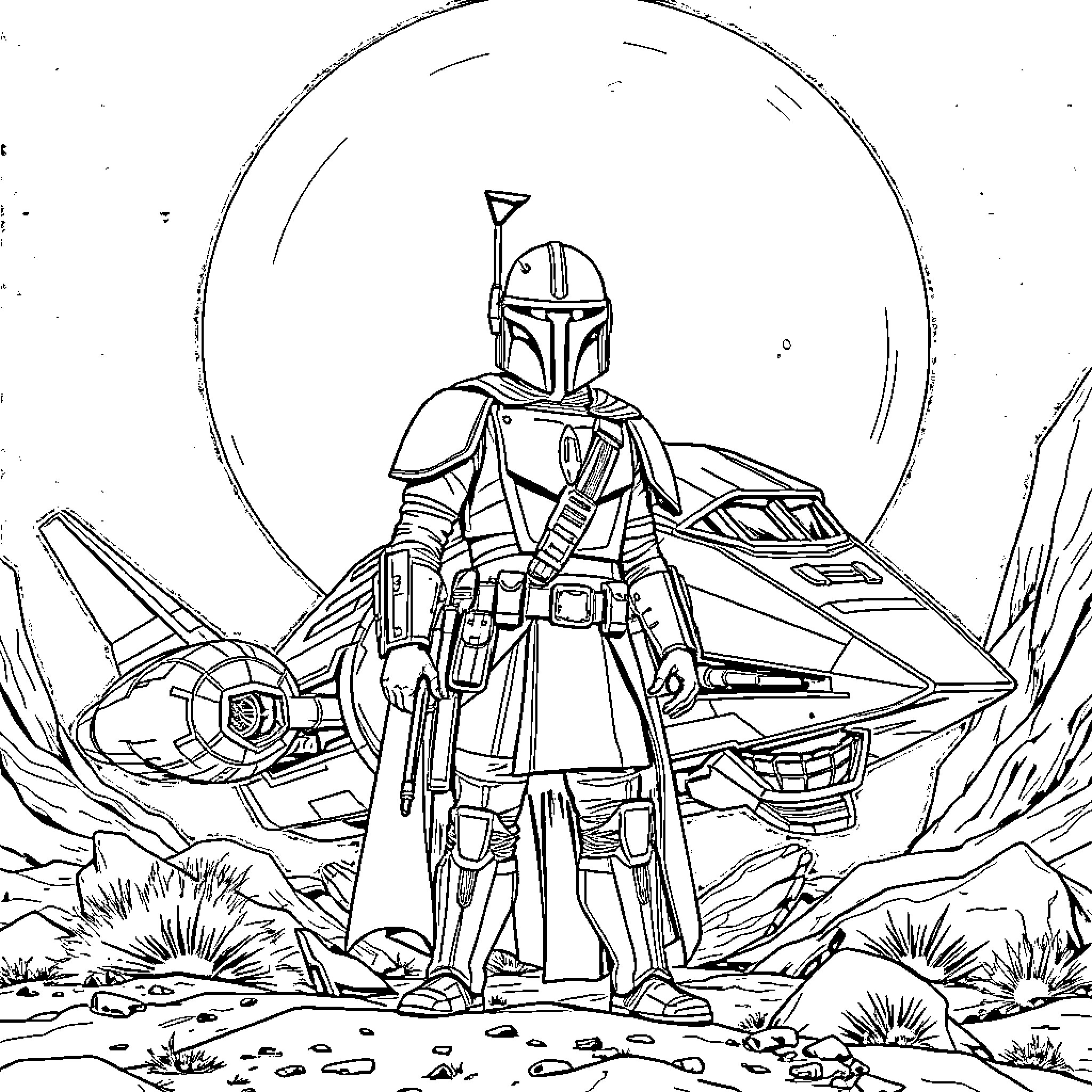 Mandalorian warrior in galactic battle scene Coloring Page (free black-and-white line drawing printable PDF for all, from beginners to advanced learners, including children, teens, adults, and seniors)