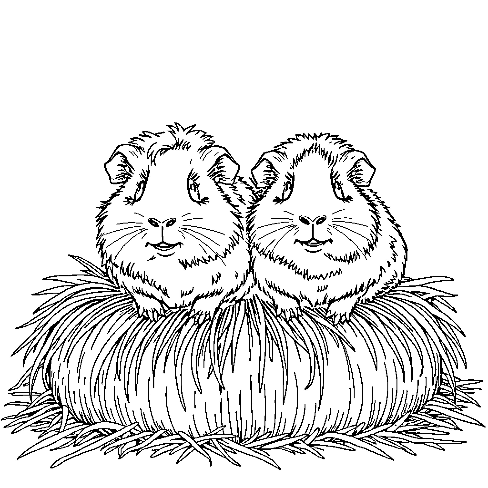 Guinea Pigs Relaxing in Cozy Nest Coloring Page (free black-and-white line drawing printable PDF for all, from beginners to advanced learners, including children, teens, adults, and seniors)