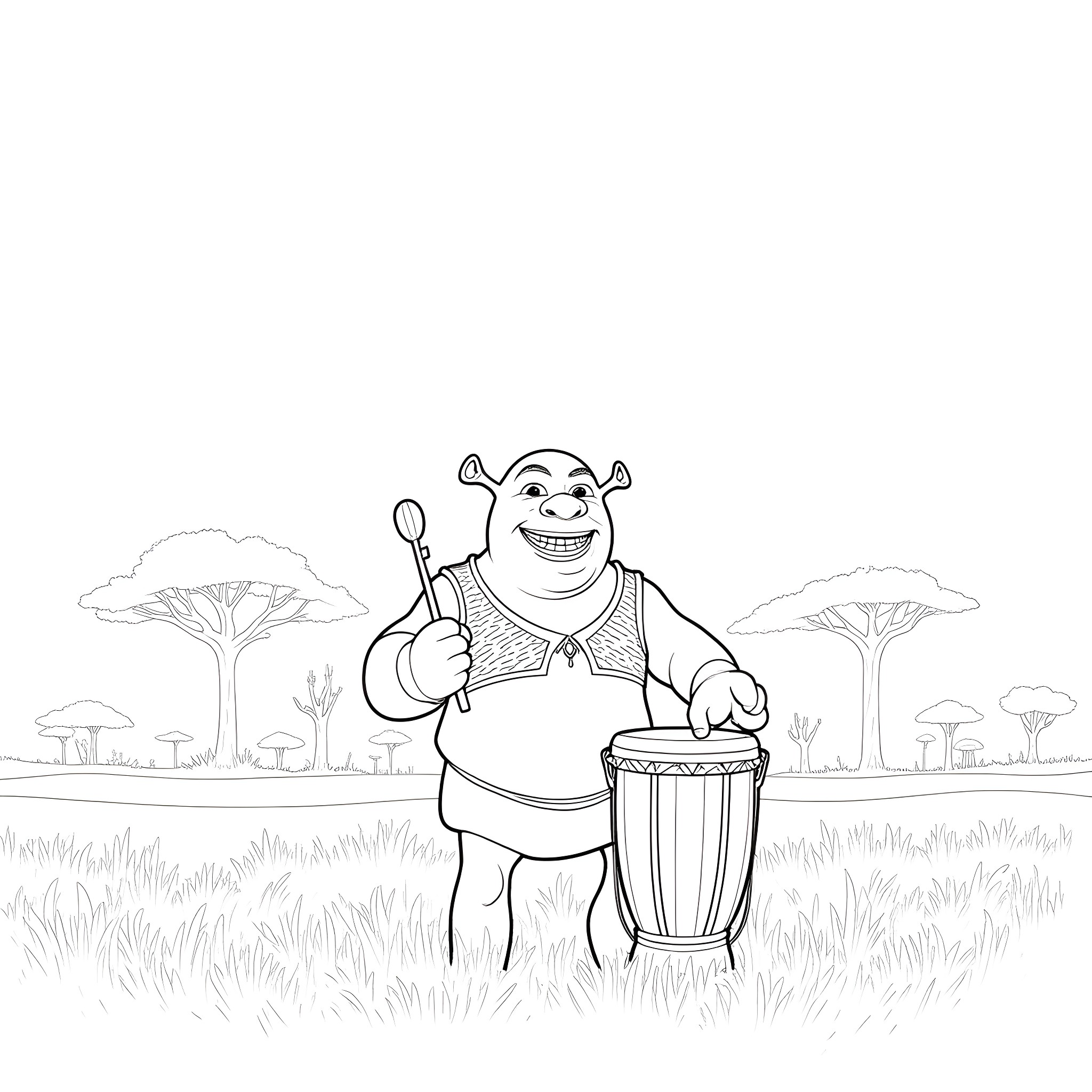 Shrek enjoying a meal in the enchanted forest Coloring Page (free black-and-white line drawing printable PDF for all, from beginners to advanced learners, including children, teens, adults, and seniors)