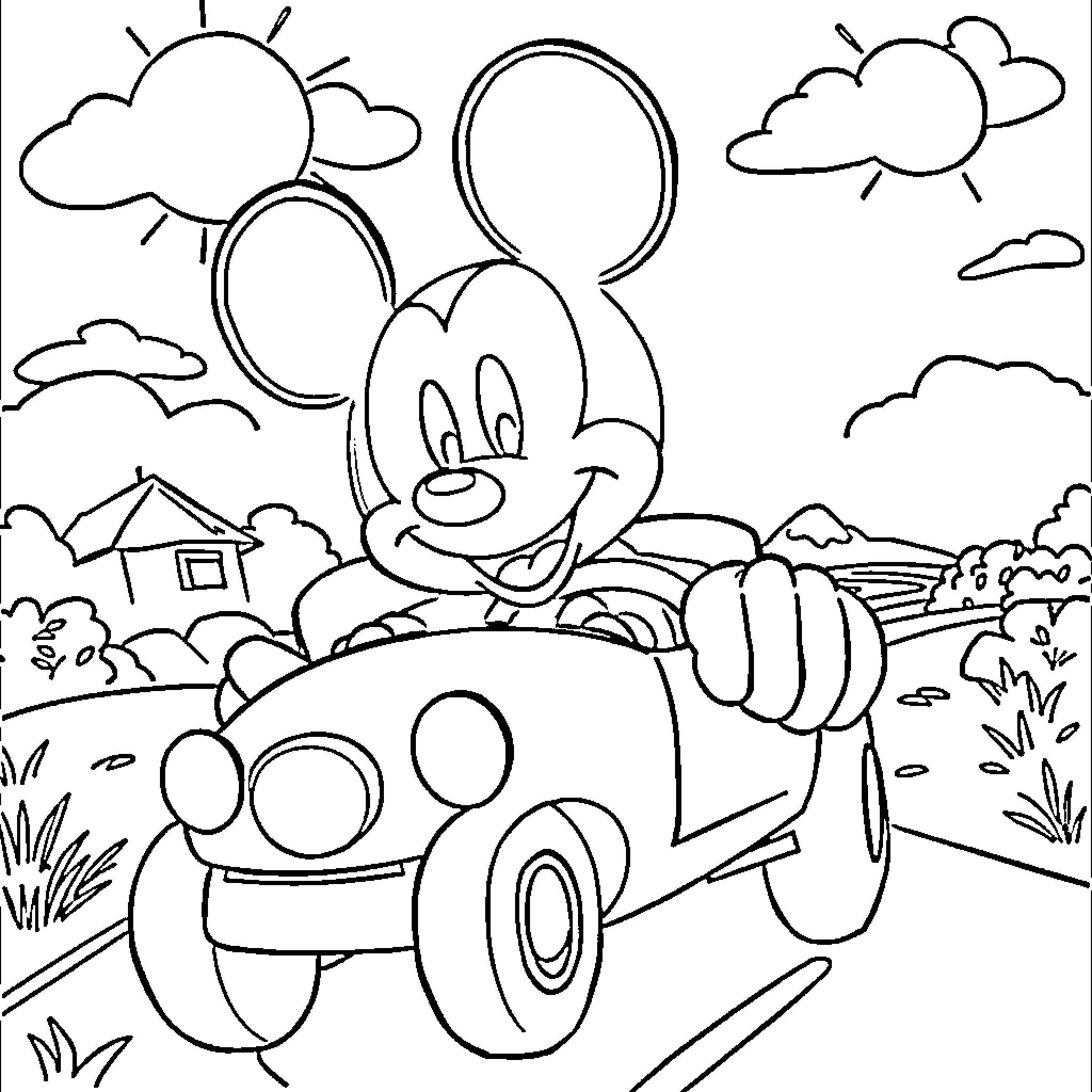 Mickey driving a cartoon car through a scenic landscape Coloring Page (free black-and-white line drawing printable PDF for all, from beginners to advanced learners, including children, teens, adults, and seniors)