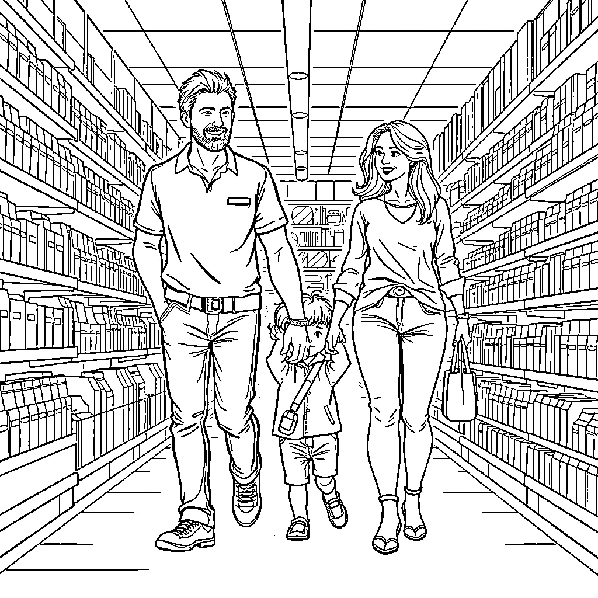 Kid exploring library shelves with companion Coloring Page (free black-and-white line drawing printable PDF for all, from beginners to advanced learners, including children, teens, adults, and seniors)