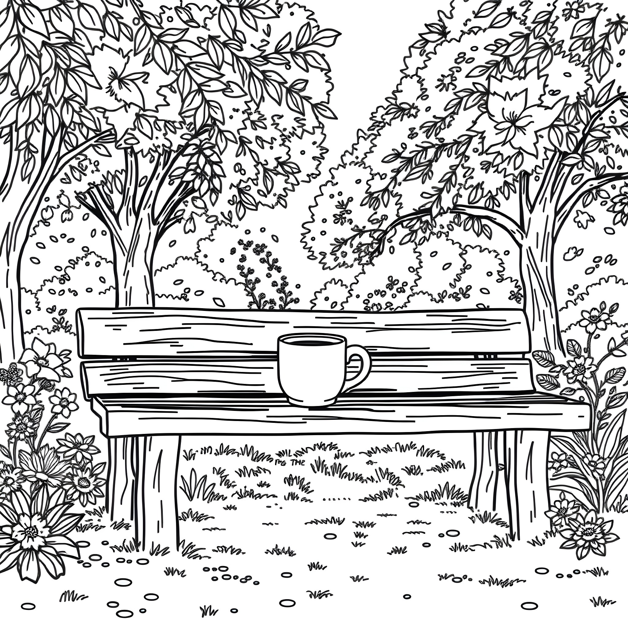 Coffee Mug in a Peaceful Forest Scene Coloring Page (free black-and-white line drawing printable PDF for all, from beginners to advanced learners, including children, teens, adults, and seniors)