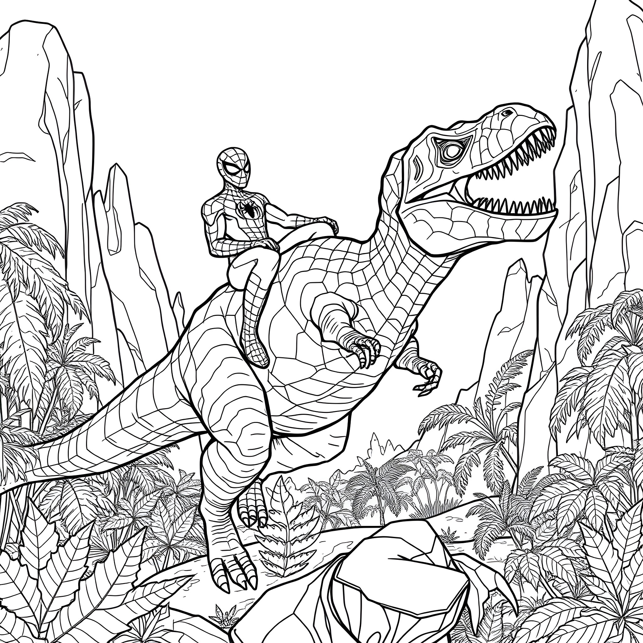 Spiderman riding a dinosaur in a jungle scene Coloring Page (free black-and-white line drawing printable PDF for all, from beginners to advanced learners, including children, teens, adults, and seniors)
