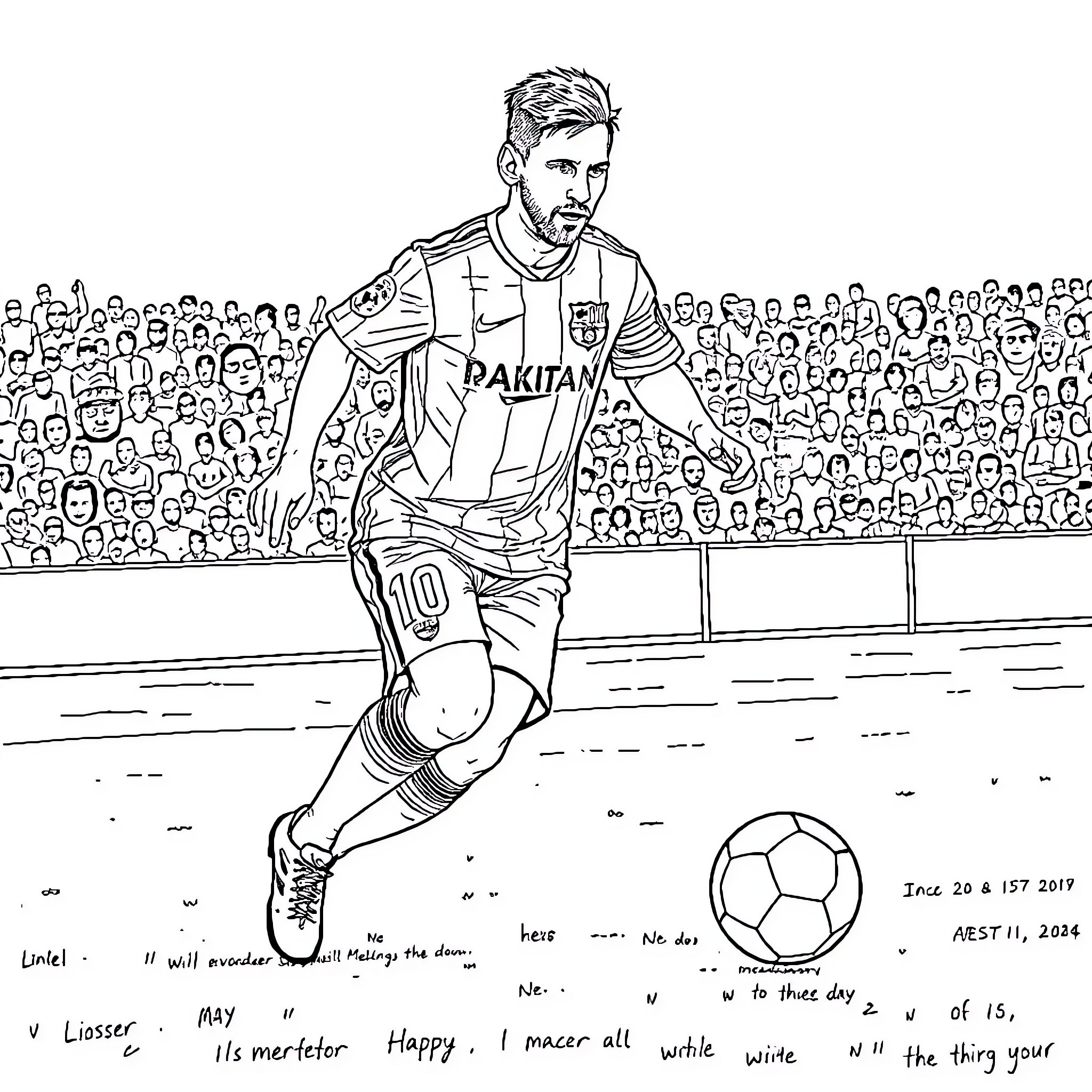 Messi celebrating with teammates on soccer field Coloring Page (free black-and-white line drawing printable PDF for all, from beginners to advanced learners, including children, teens, adults, and seniors)