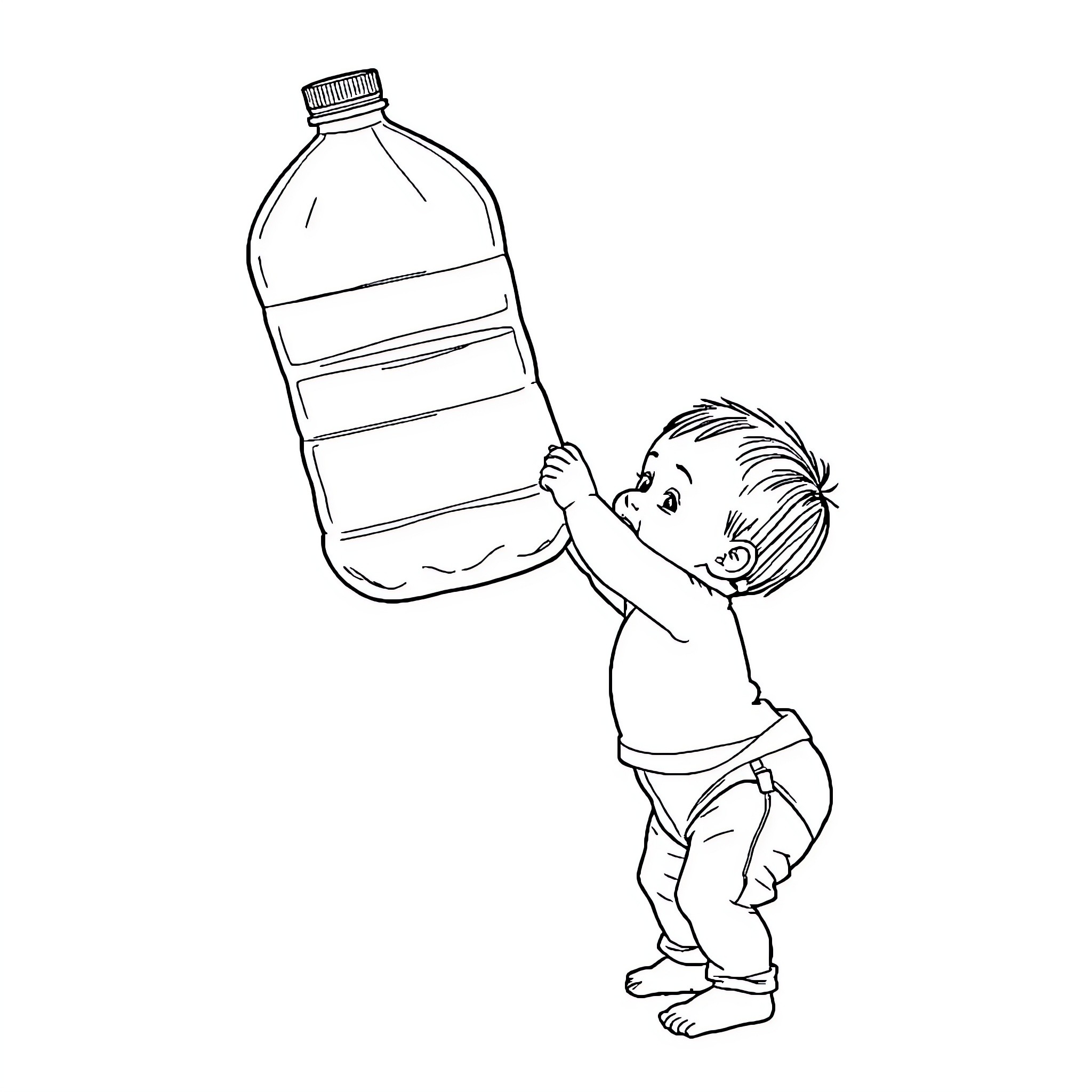 Baby holding a large water bottle Coloring Page (free black-and-white line drawing printable PDF for all, from beginners to advanced learners, including children, teens, adults, and seniors)