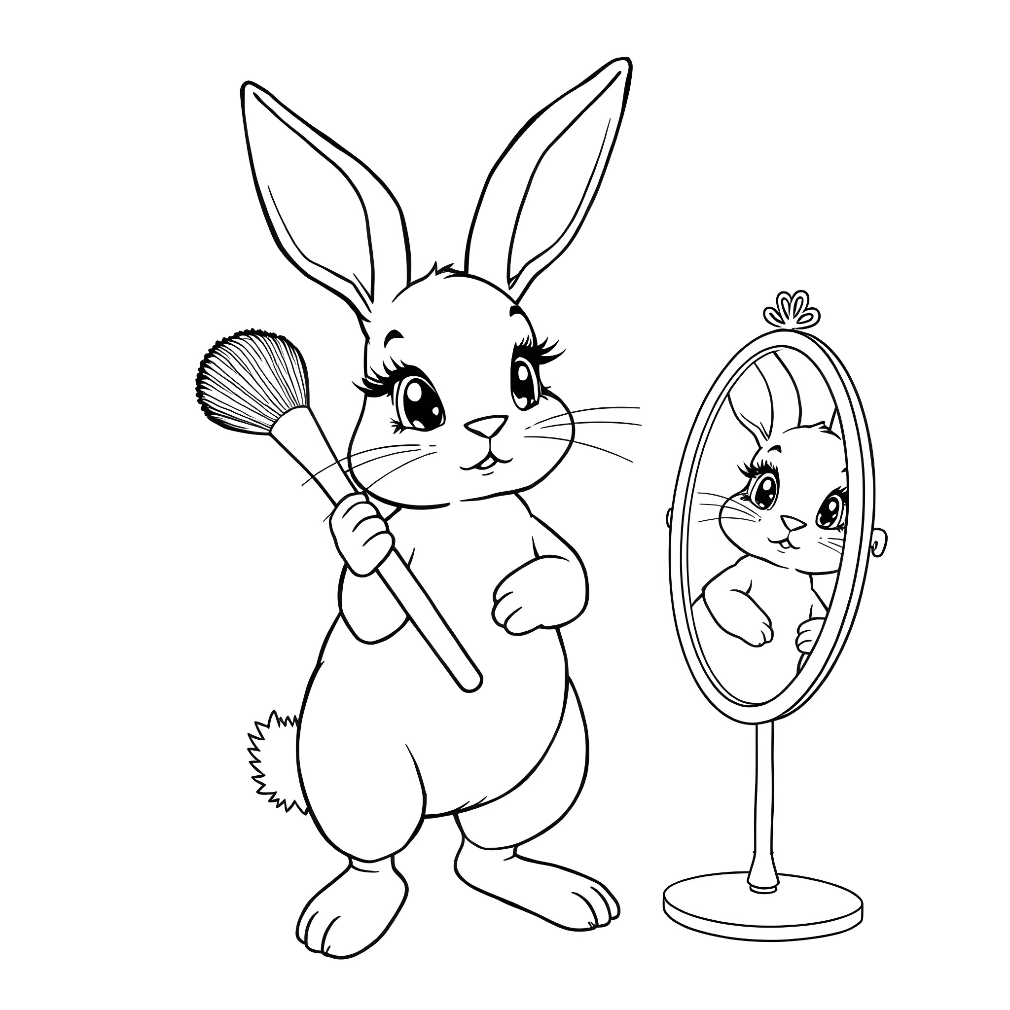 Rabbit getting ready with a mirror Coloring Page (free black-and-white line drawing printable PDF for all, from beginners to advanced learners, including children, teens, adults, and seniors)
