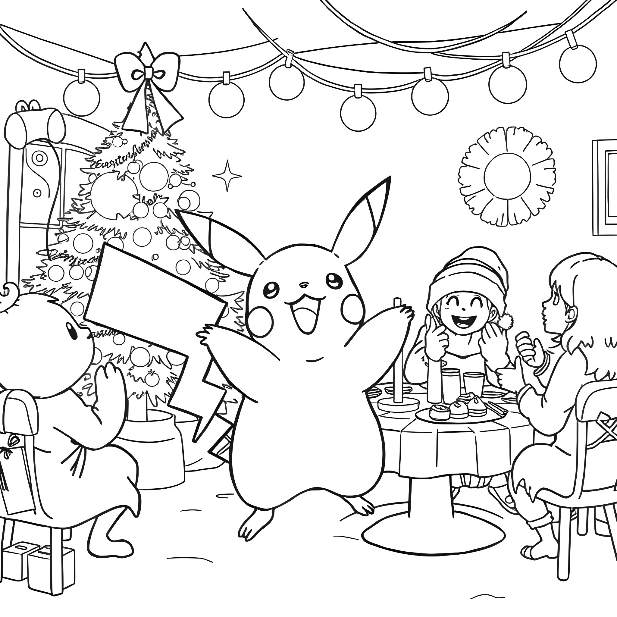 Pikachu Celebrates Christmas with Friends Coloring Page (free black-and-white line drawing printable PDF for all, from beginners to advanced learners, including children, teens, adults, and seniors)