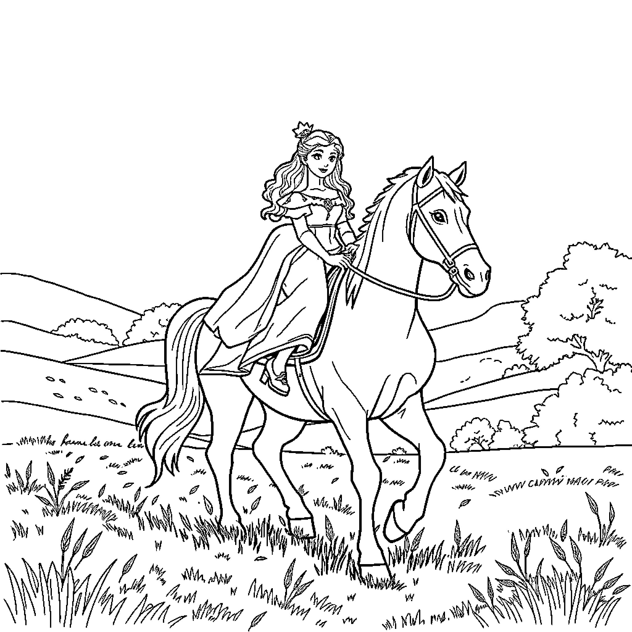 Princess on a Majestic Horse in Nature Coloring Page (free black-and-white line drawing printable PDF for all, from beginners to advanced learners, including children, teens, adults, and seniors)