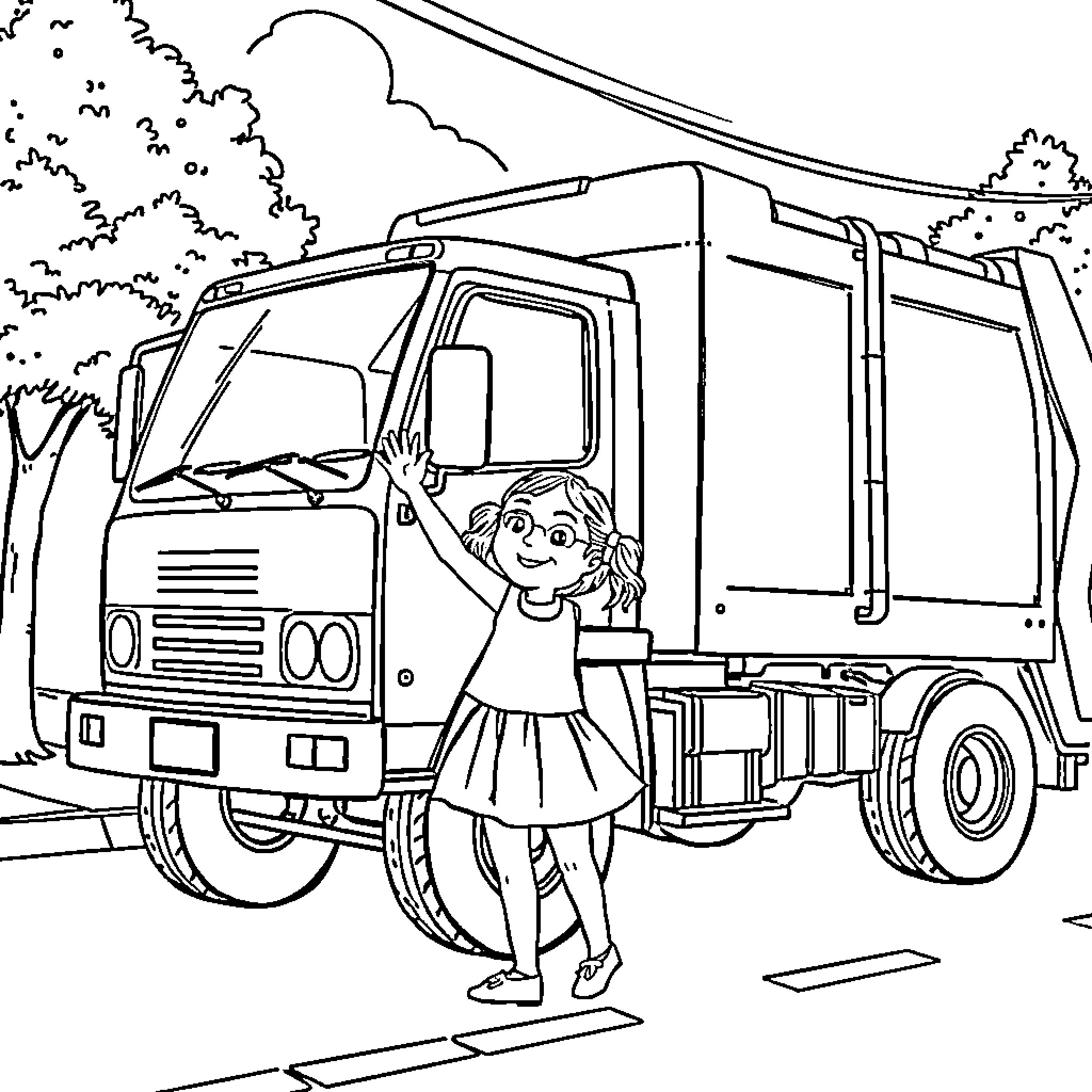 Girl waving at garbage truck on the street Coloring Page (free black-and-white line drawing printable PDF for all, from beginners to advanced learners, including children, teens, adults, and seniors)
