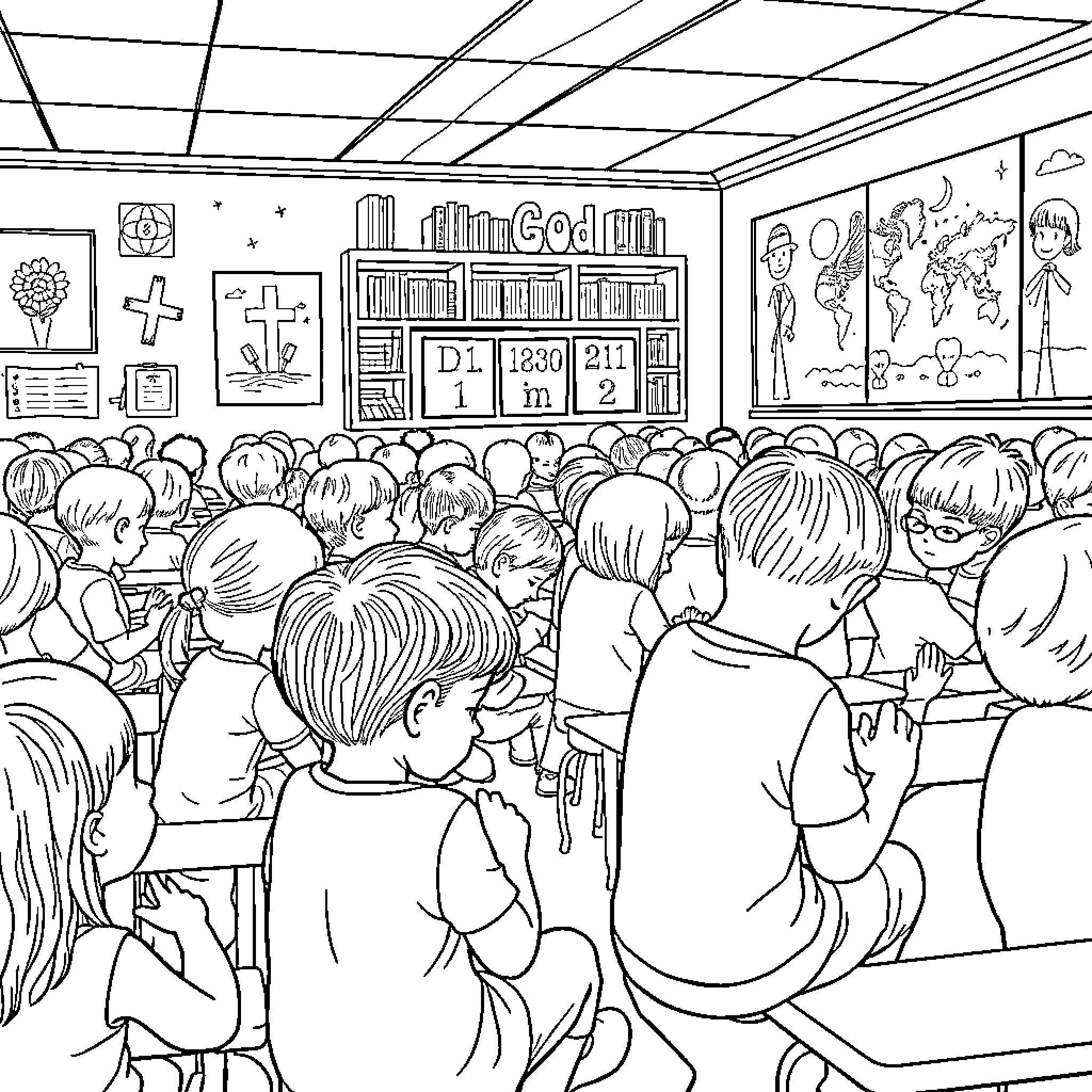 Kid students learning in a classroom Coloring Page (free black-and-white line drawing printable PDF for all, from beginners to advanced learners, including children, teens, adults, and seniors)