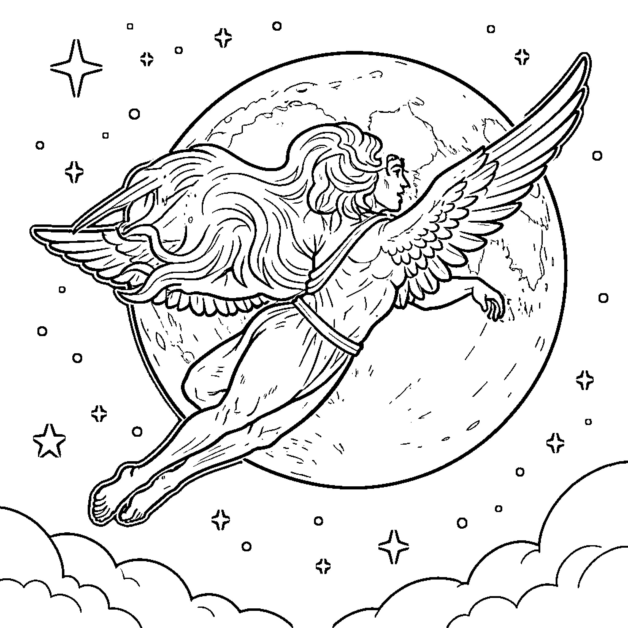 Orion the Winged Guardian Soars Through the Cosmos Coloring Page (free black-and-white line drawing printable PDF for all, from beginners to advanced learners, including children, teens, adults, and seniors)