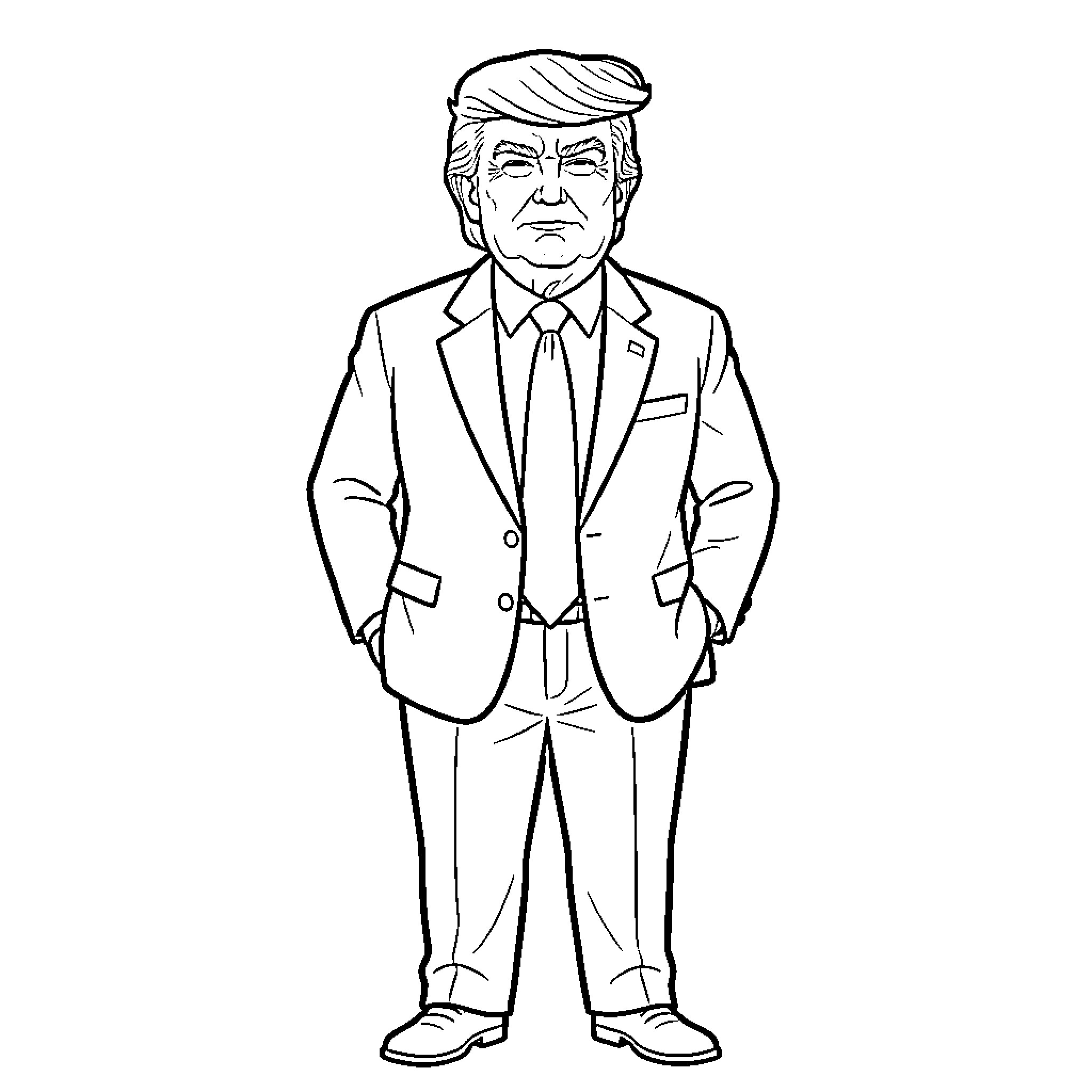 Donald Trump standing in formal attire Coloring Page (free black-and-white line drawing printable PDF for all, from beginners to advanced learners, including children, teens, adults, and seniors)