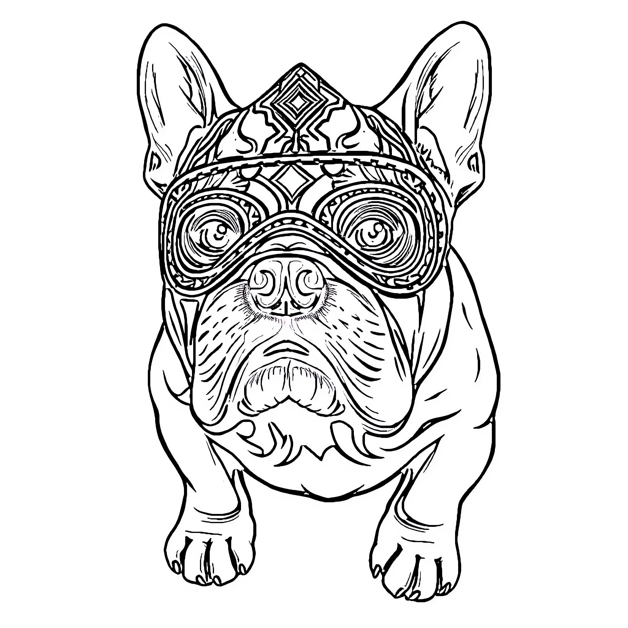 Bulldog with intricate tribal headdress Coloring Page (free black-and-white line drawing printable PDF for all, from beginners to advanced learners, including children, teens, adults, and seniors)