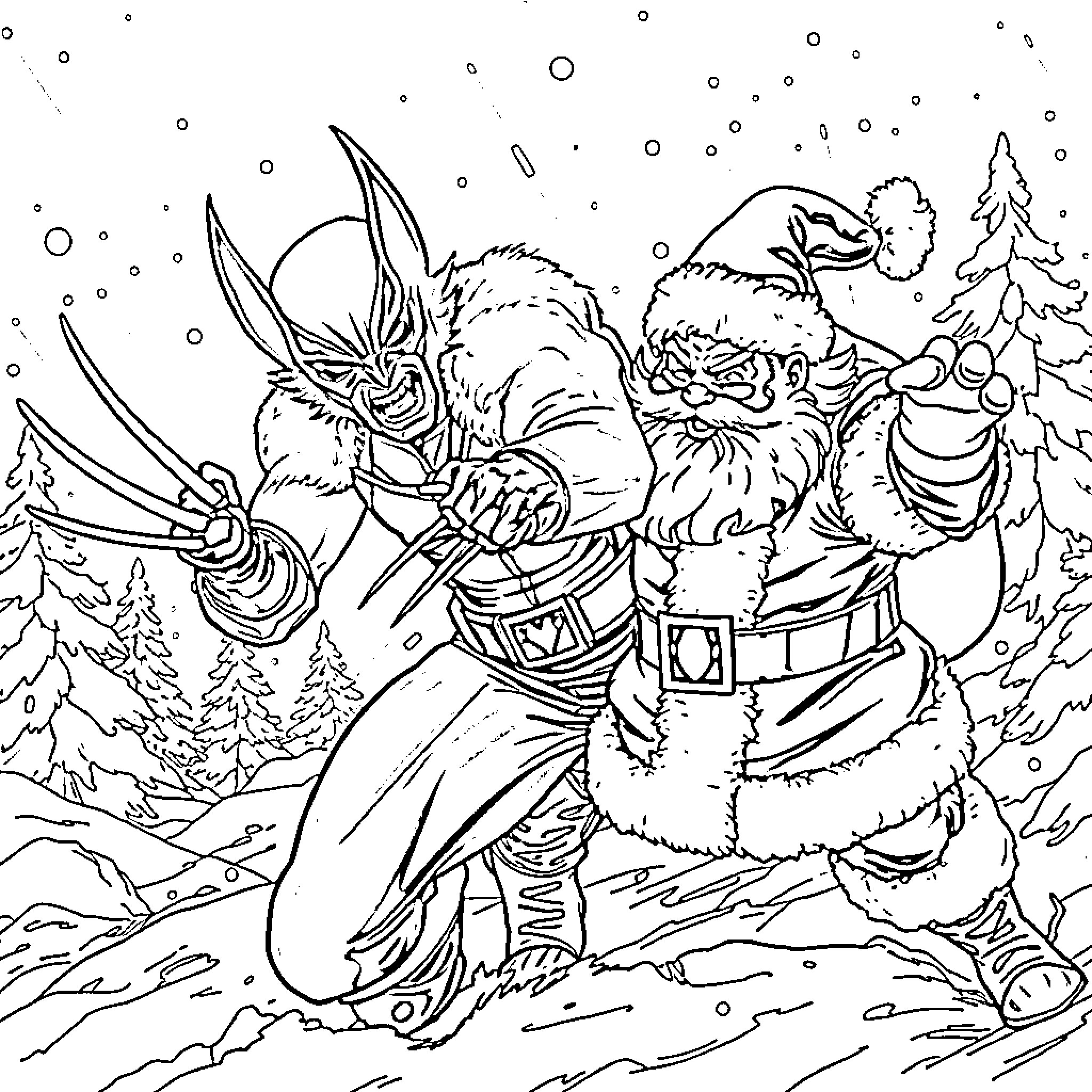 Wolverine battling Santa Claus in the snow Coloring Page (free black-and-white line drawing printable PDF for all, from beginners to advanced learners, including children, teens, adults, and seniors)