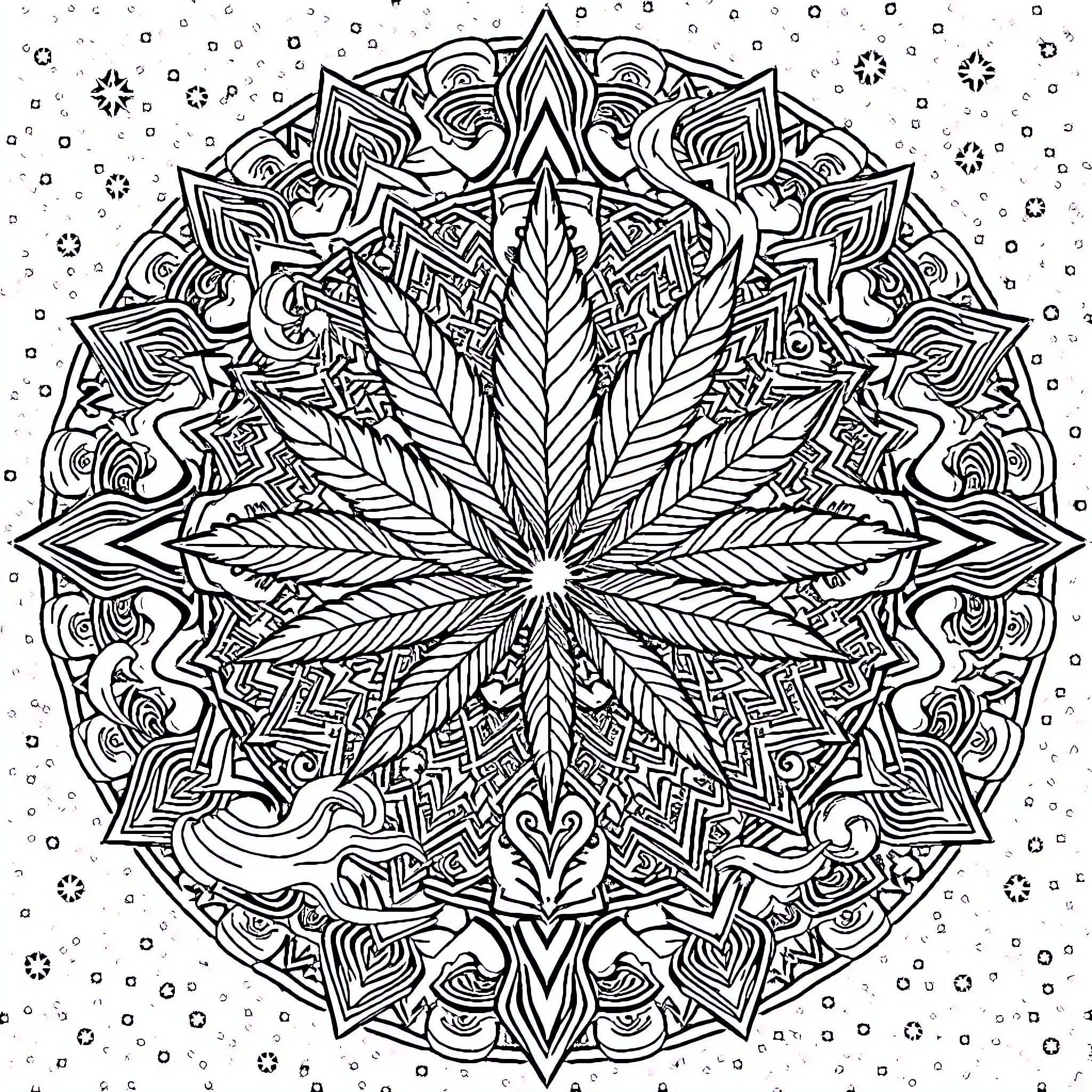Mandala featuring detailed cannabis leaf design Coloring Page (free black-and-white line drawing printable PDF for all, from beginners to advanced learners, including children, teens, adults, and seniors)