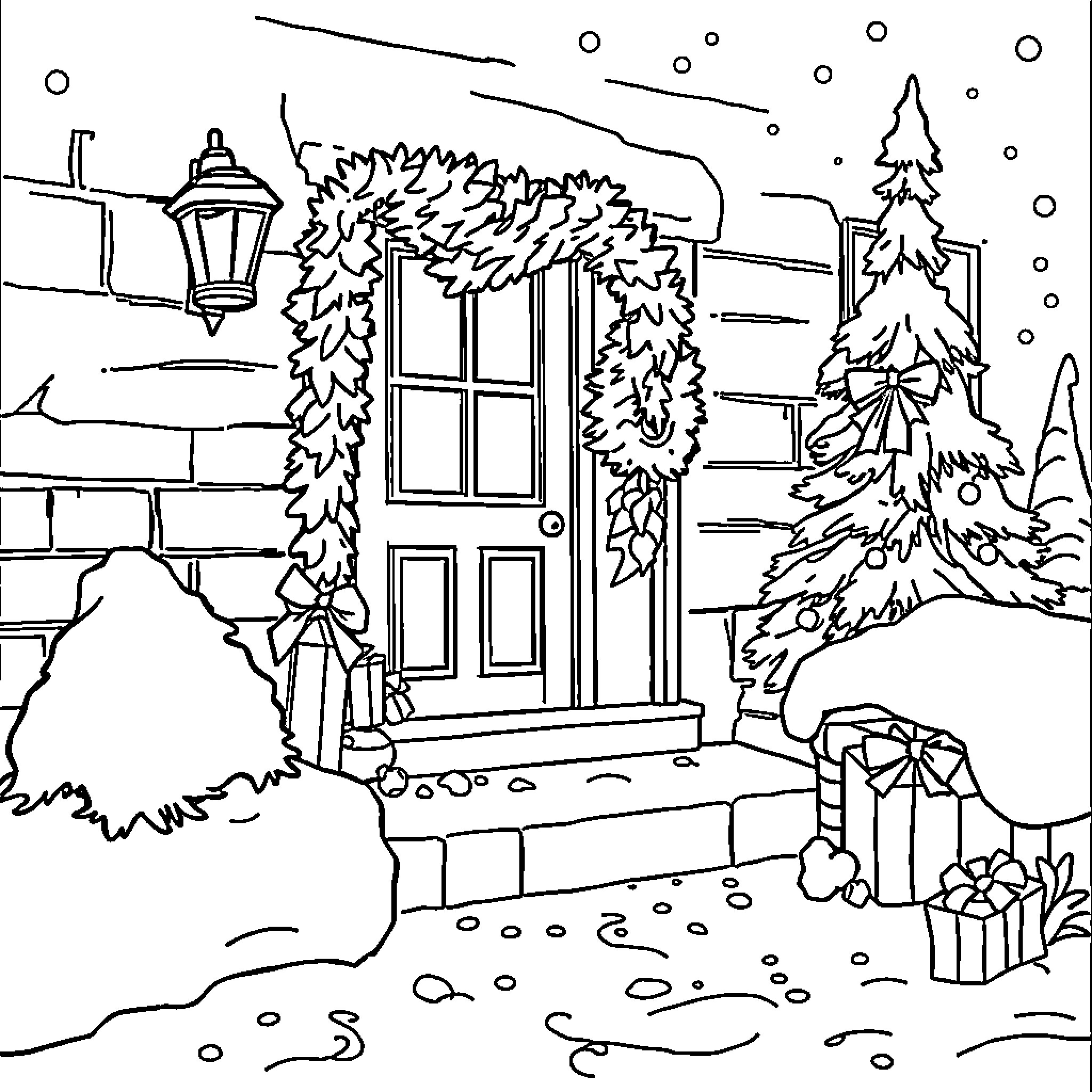 Santa's Cozy Winter Wonderland Coloring Page (free black-and-white line drawing printable PDF for all, from beginners to advanced learners, including children, teens, adults, and seniors)