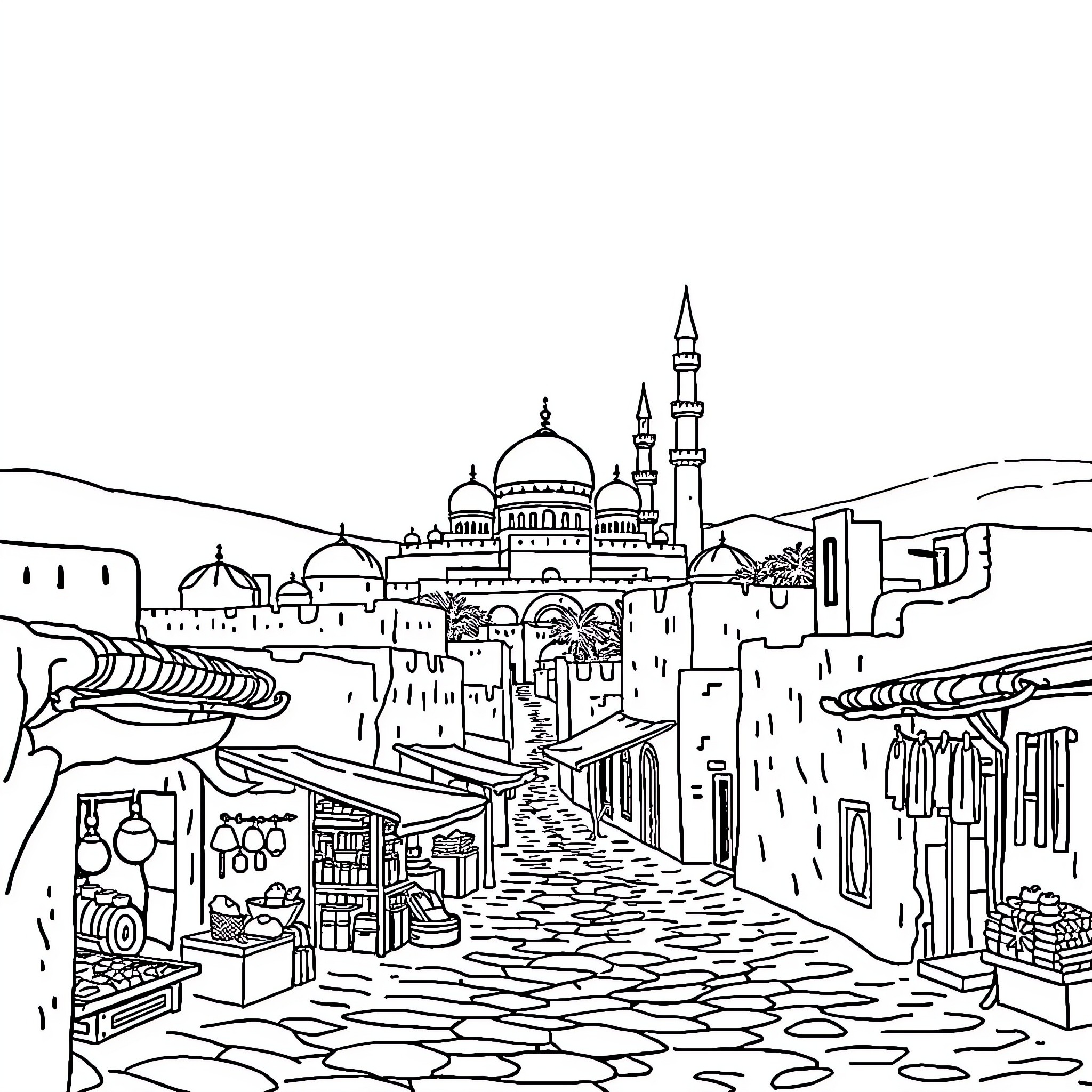 Mosque with bustling market scene in the foreground Coloring Page (free black-and-white line drawing printable PDF for all, from beginners to advanced learners, including children, teens, adults, and seniors)