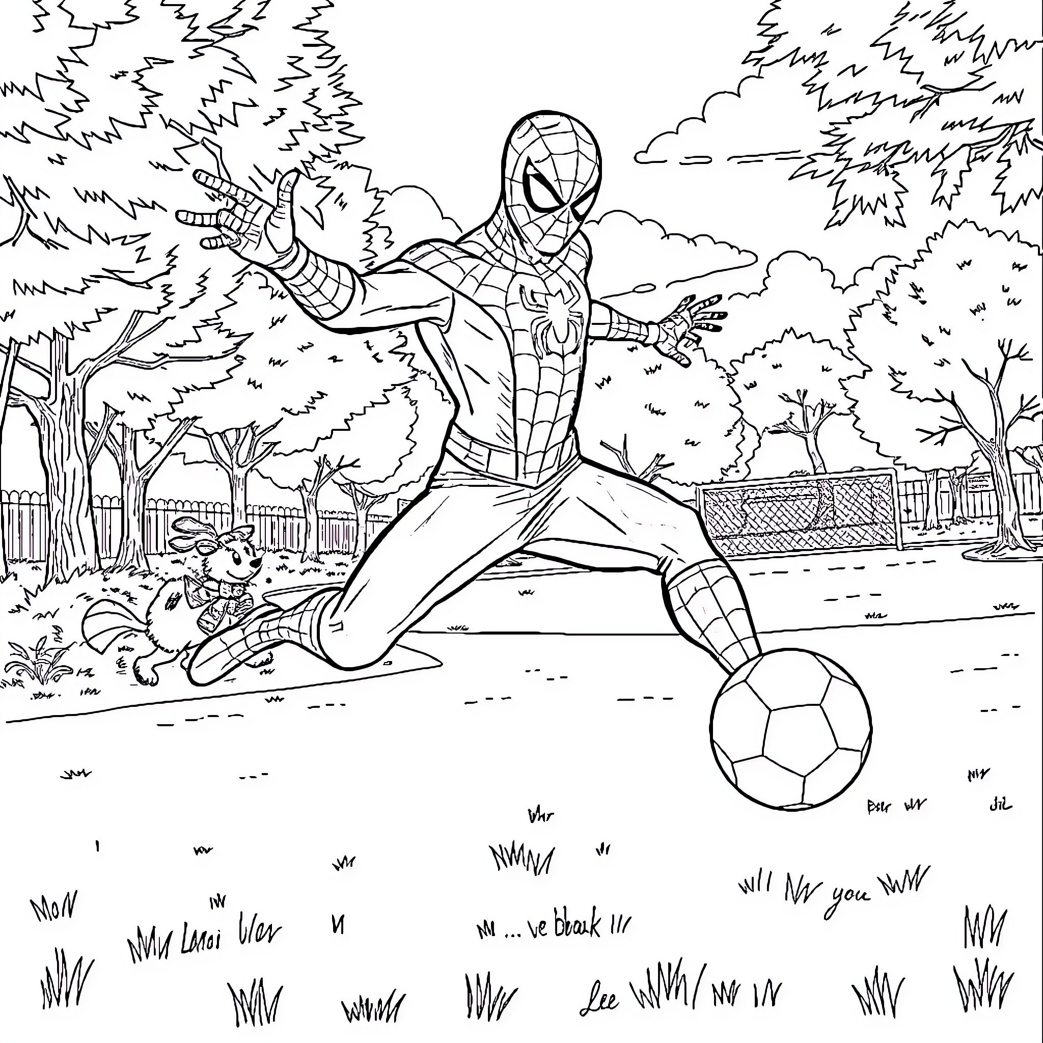 Spiderman playing soccer in the park Coloring Page (free black-and-white line drawing printable PDF for all, from beginners to advanced learners, including children, teens, adults, and seniors)