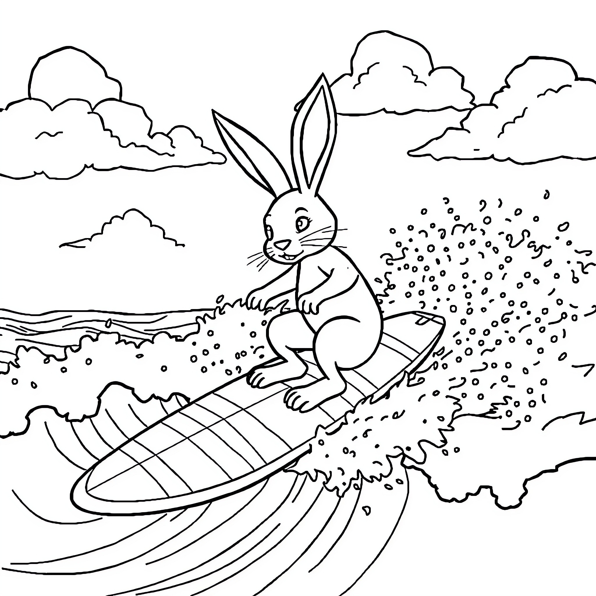 Lapin Crétin surfing in the sky Coloring Page (free black-and-white line drawing printable PDF for all, from beginners to advanced learners, including children, teens, adults, and seniors)