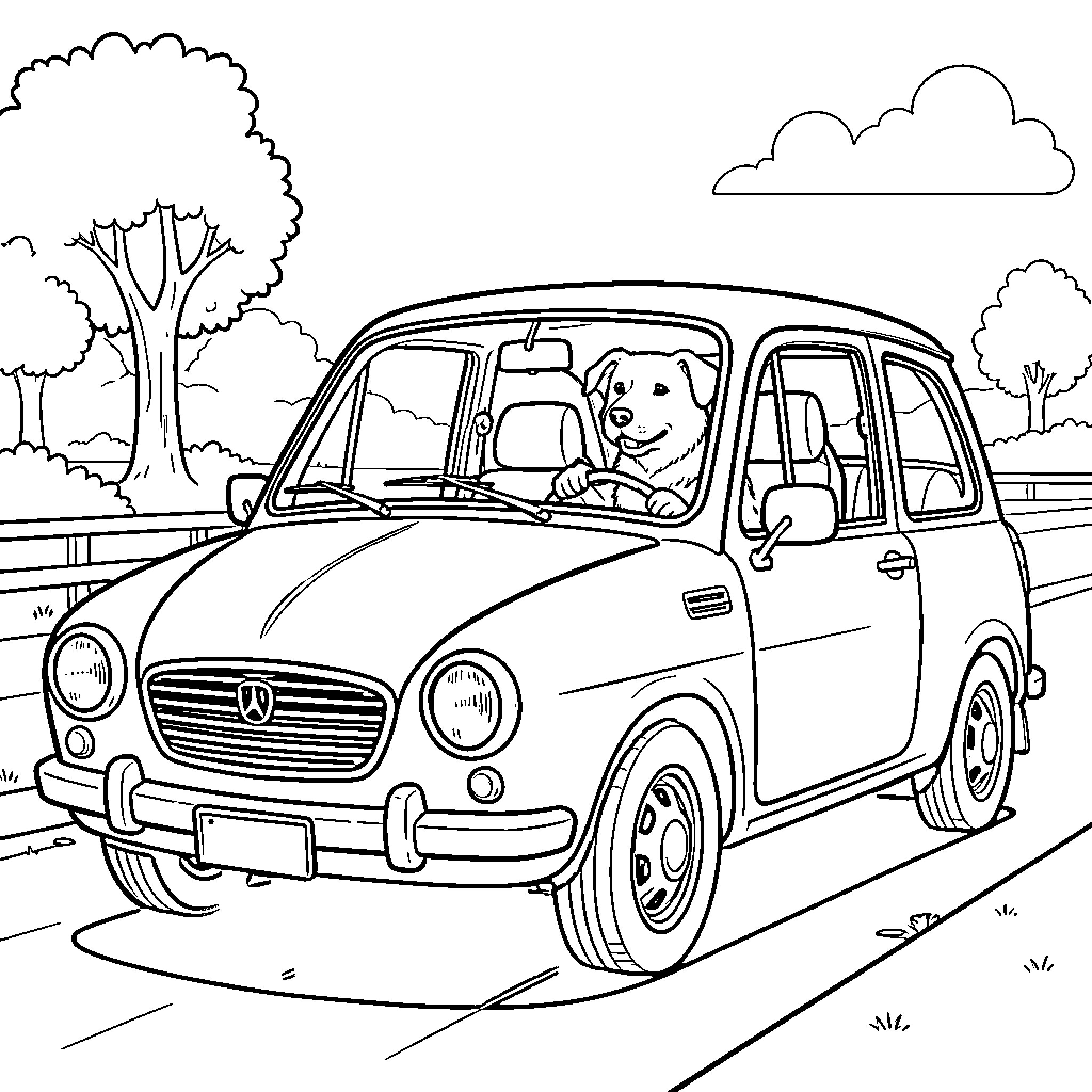 Dog driving a small car on a road Coloring Page (free black-and-white line drawing printable PDF for all, from beginners to advanced learners, including children, teens, adults, and seniors)