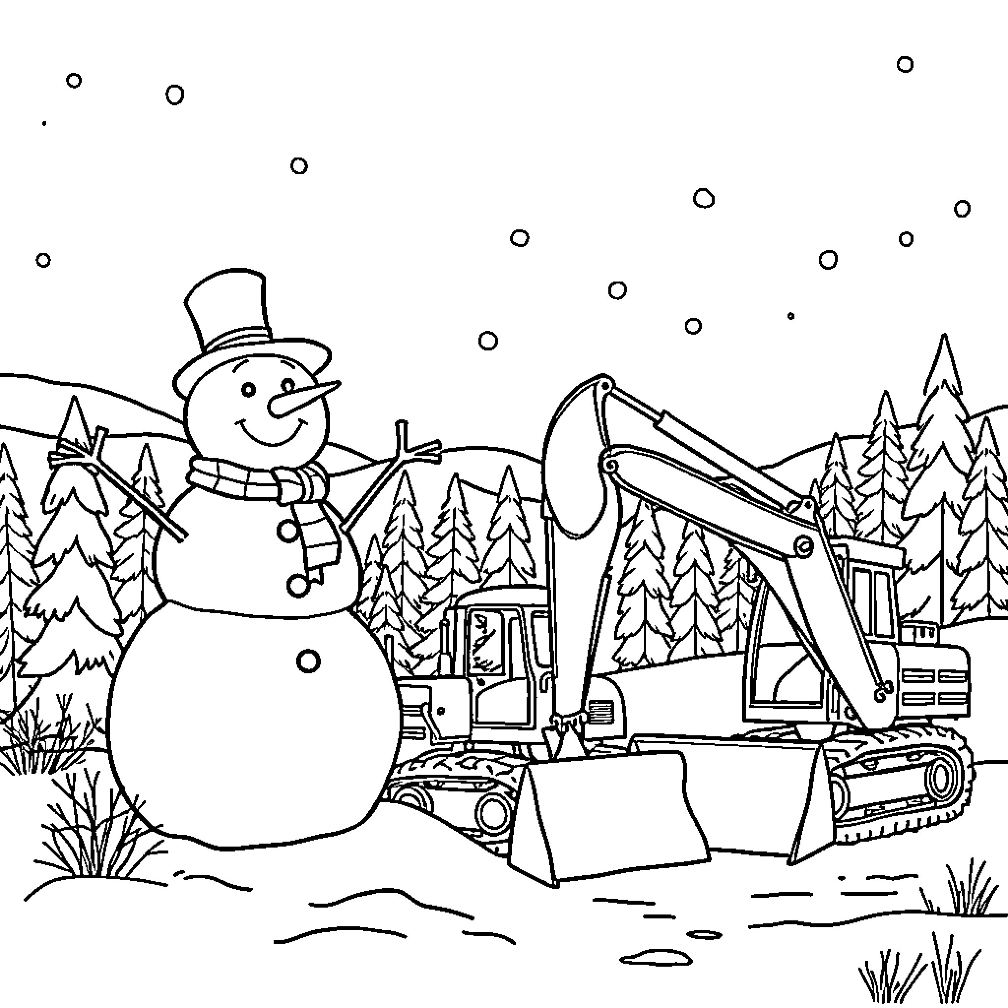 Snowman helping with construction work in the winter landscape Coloring Page (free black-and-white line drawing printable PDF for all, from beginners to advanced learners, including children, teens, adults, and seniors)