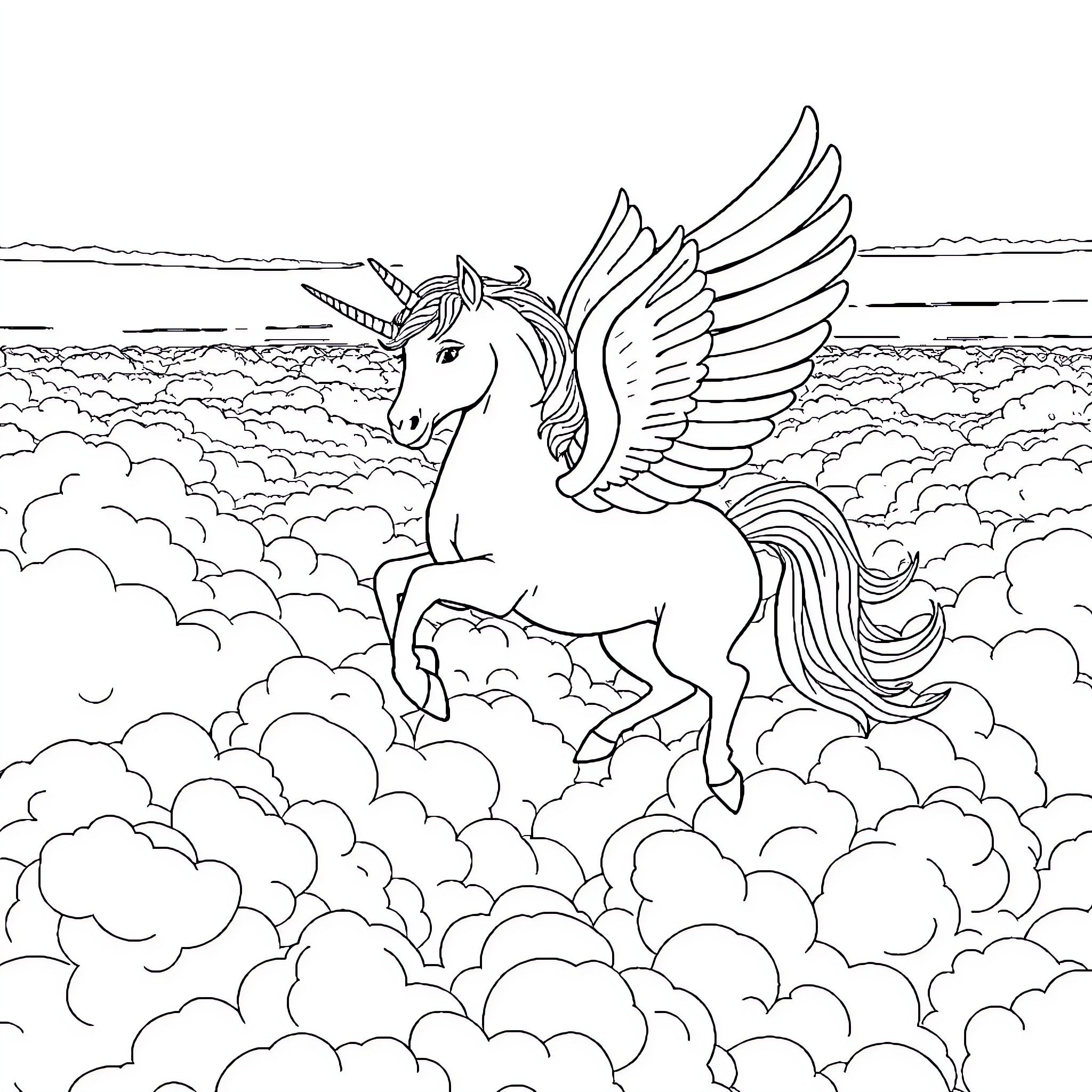 Unicorn Soaring Above the Clouds Coloring Page (free black-and-white line drawing printable PDF for all, from beginners to advanced learners, including children, teens, adults, and seniors)