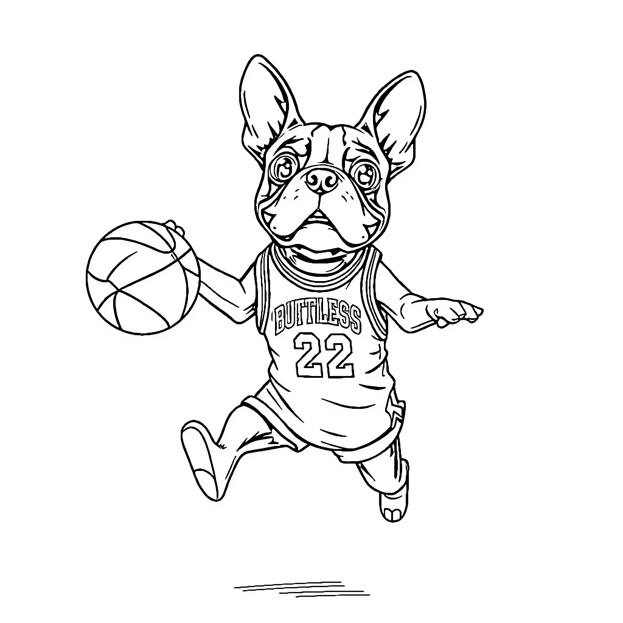 Boston Terrier playing basketball in uniform Coloring Page (free black-and-white line drawing printable PDF for all, from beginners to advanced learners, including children, teens, adults, and seniors)