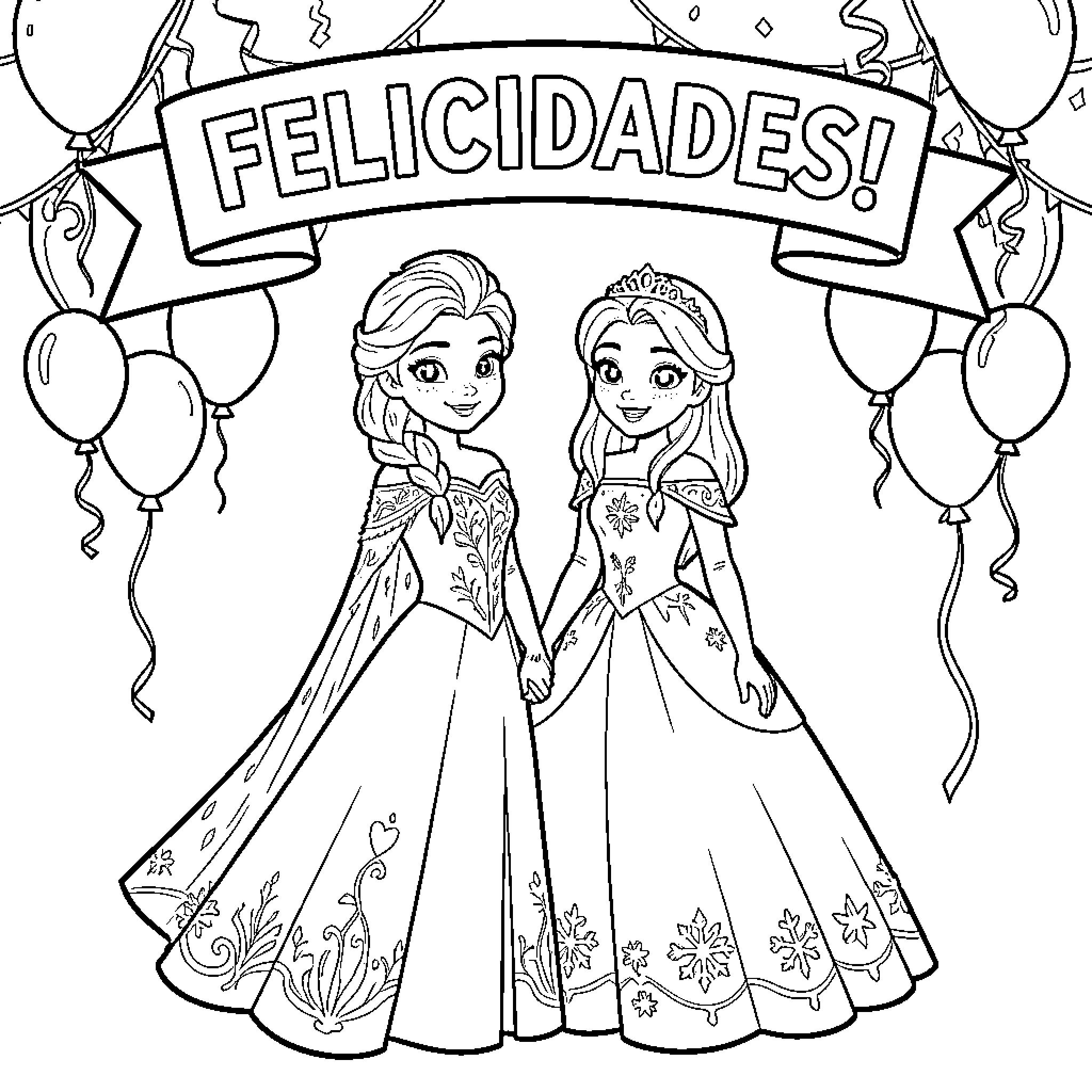 Elsa holding hands with Anna during a celebration Coloring Page (free black-and-white line drawing printable PDF for all, from beginners to advanced learners, including children, teens, adults, and seniors)
