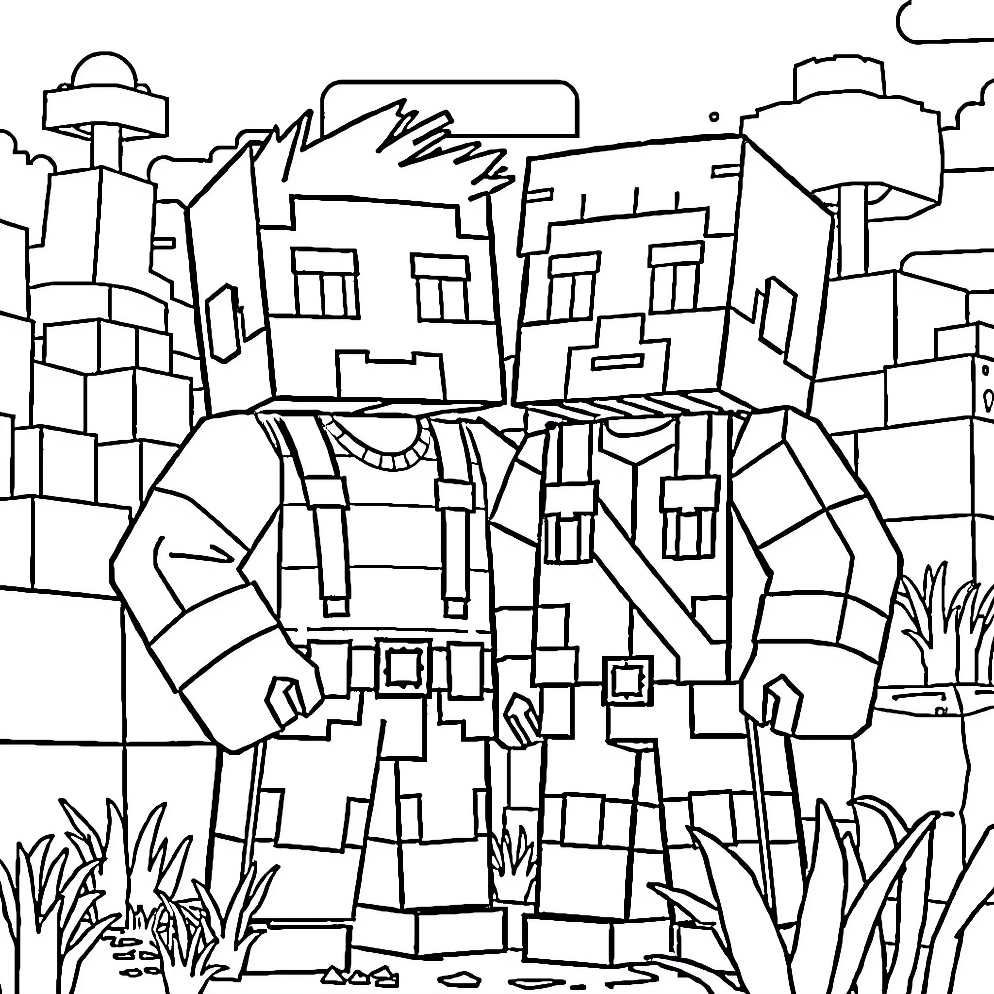 Steve Exploring the Vibrant City Landscape Coloring Page (free black-and-white line drawing printable PDF for all, from beginners to advanced learners, including children, teens, adults, and seniors)