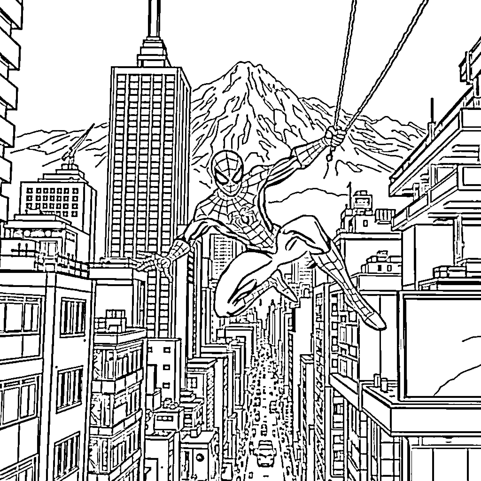 Spiderman swinging through the city skyline Coloring Page (free black-and-white line drawing printable PDF for all, from beginners to advanced learners, including children, teens, adults, and seniors)