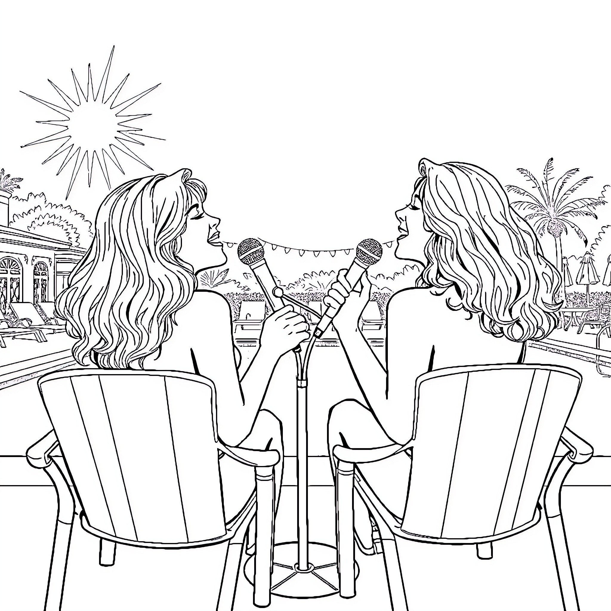 Femme Performing on Outdoor Stage Coloring Page (free black-and-white line drawing printable PDF for all, from beginners to advanced learners, including children, teens, adults, and seniors)