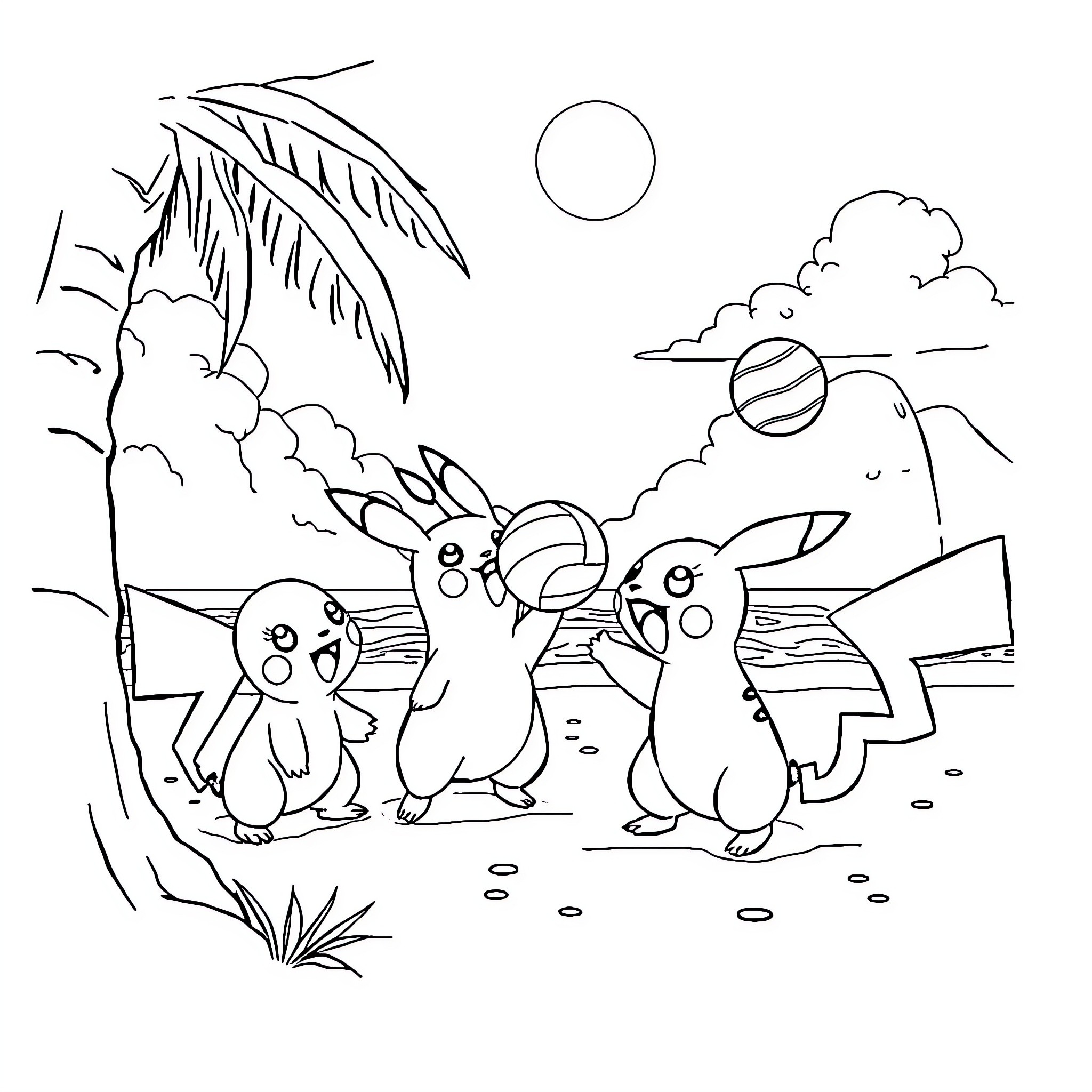 Pokémon characters playing in natural setting Coloring Page (free black-and-white line drawing printable PDF for all, from beginners to advanced learners, including children, teens, adults, and seniors)