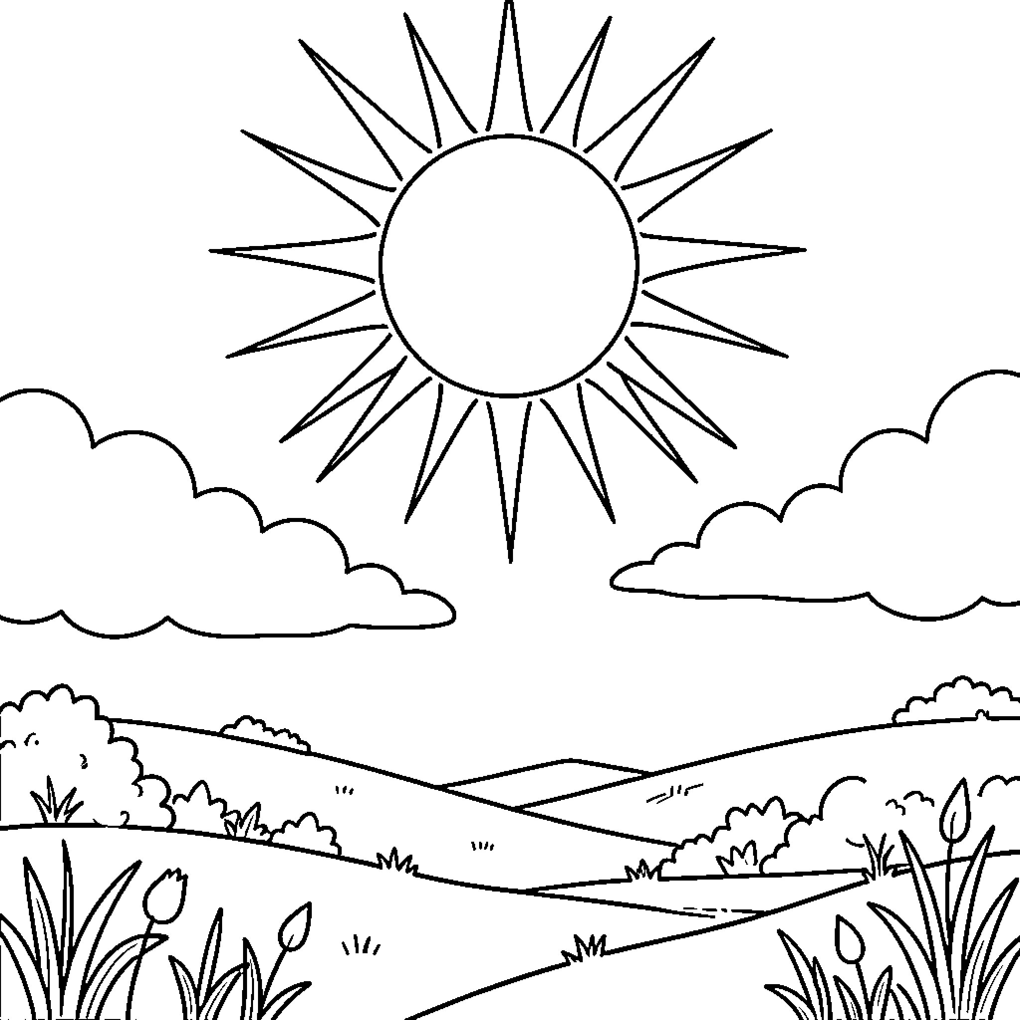 Sun shining brightly over a landscape of hills and clouds Coloring Page (free black-and-white line drawing printable PDF for all, from beginners to advanced learners, including children, teens, adults, and seniors)