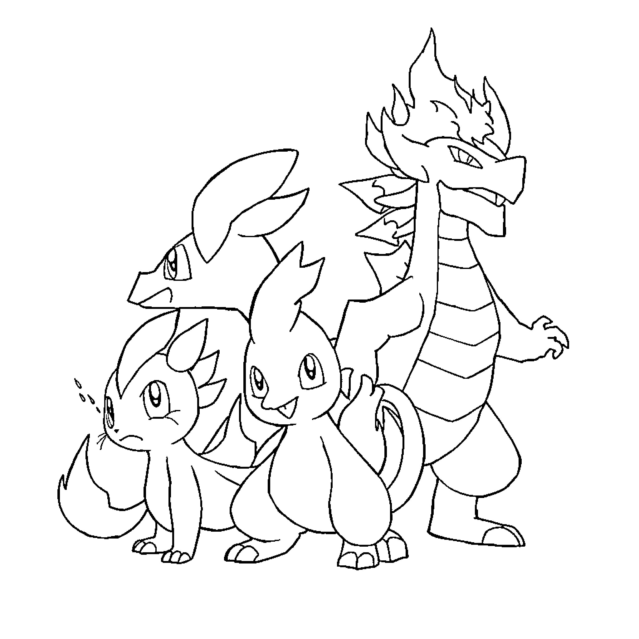 Cyndaquil and friends in playful scene Coloring Page (free black-and-white line drawing printable PDF for all, from beginners to advanced learners, including children, teens, adults, and seniors)