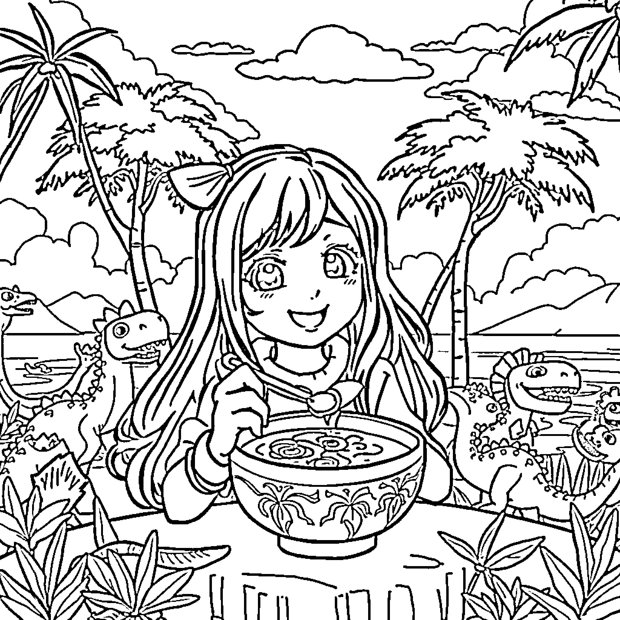 Yumi enjoying a tropical feast with animal friends Coloring Page (free black-and-white line drawing printable PDF for all, from beginners to advanced learners, including children, teens, adults, and seniors)